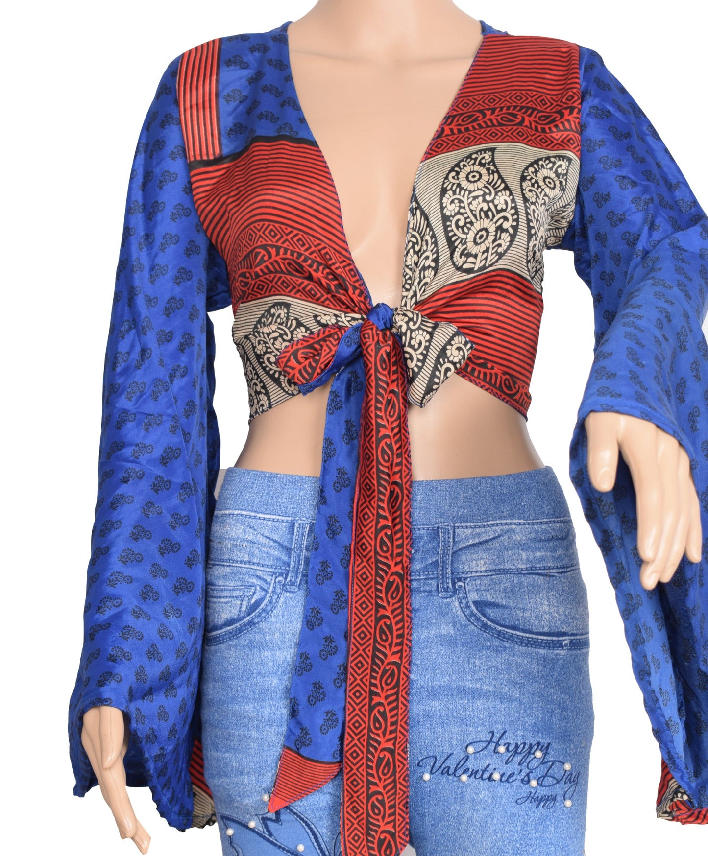 Sushila Vintage Bell Sleeve Bohemian NEW Recycled Silk Saree Top 70,sRetro Blue