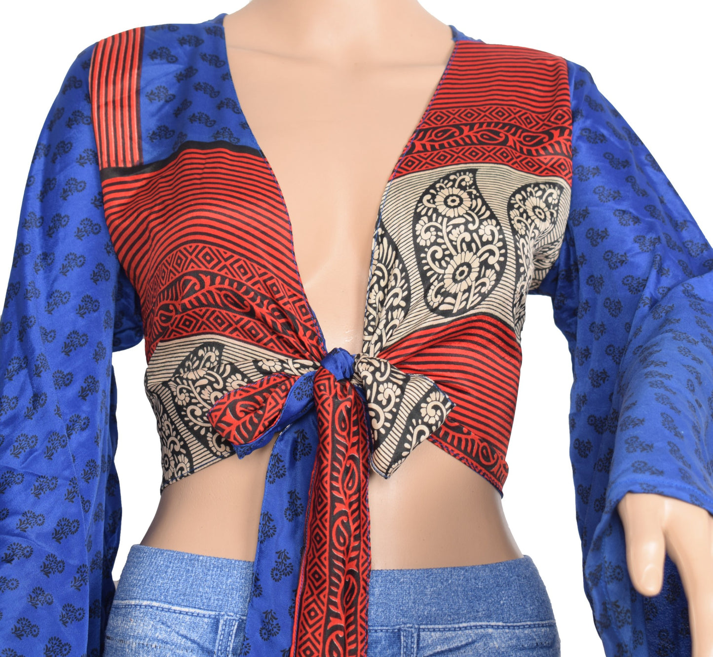 Sushila Vintage Bell Sleeve Bohemian NEW Recycled Silk Saree Top 70,sRetro Blue
