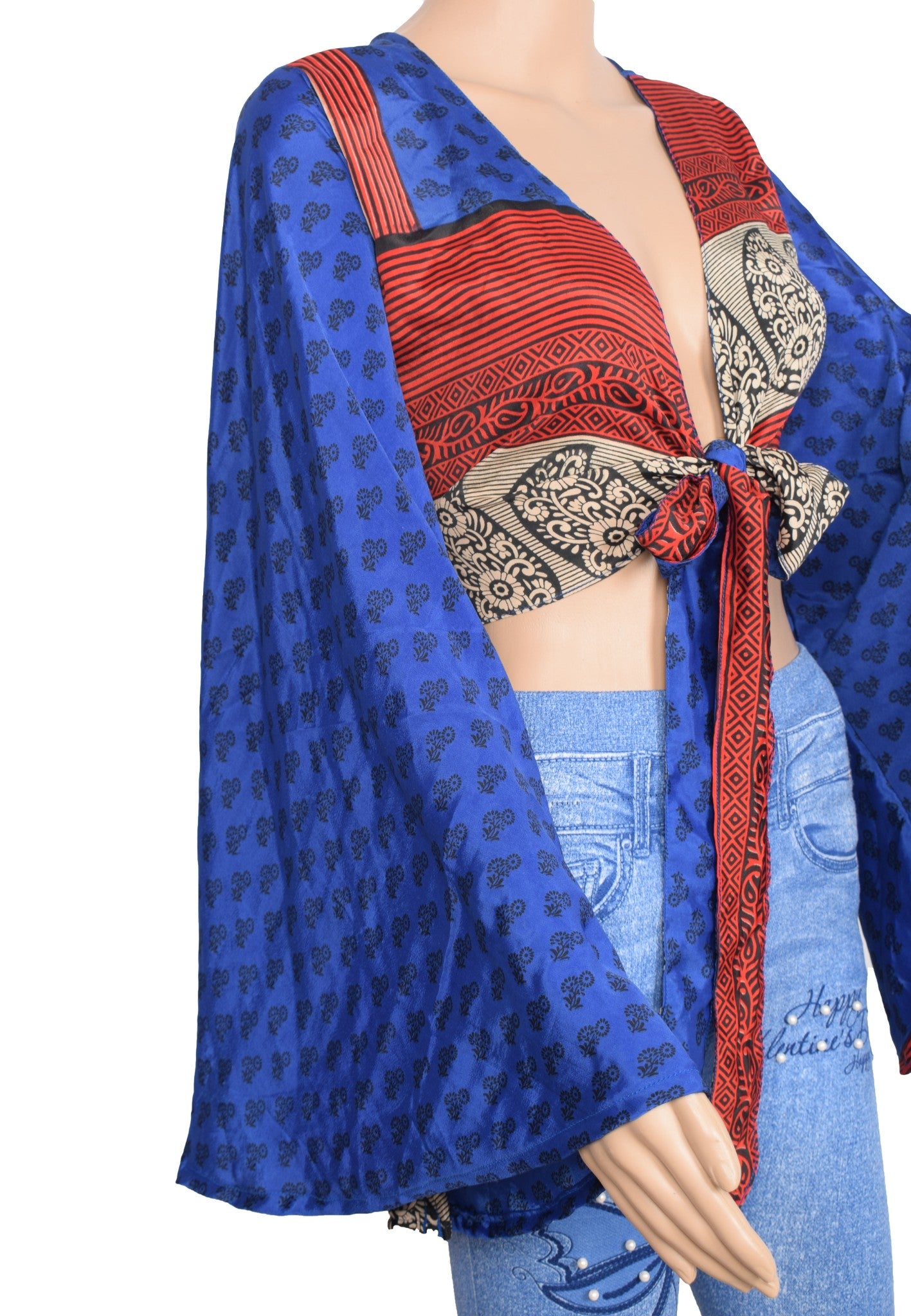 Sushila Vintage Bell Sleeve Bohemian NEW Recycled Silk Saree Top 70,sRetro Blue