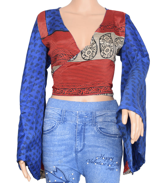 Sushila Vintage Bell Sleeve Bohemian NEW Recycled Silk Saree Top 70,sRetro Blue