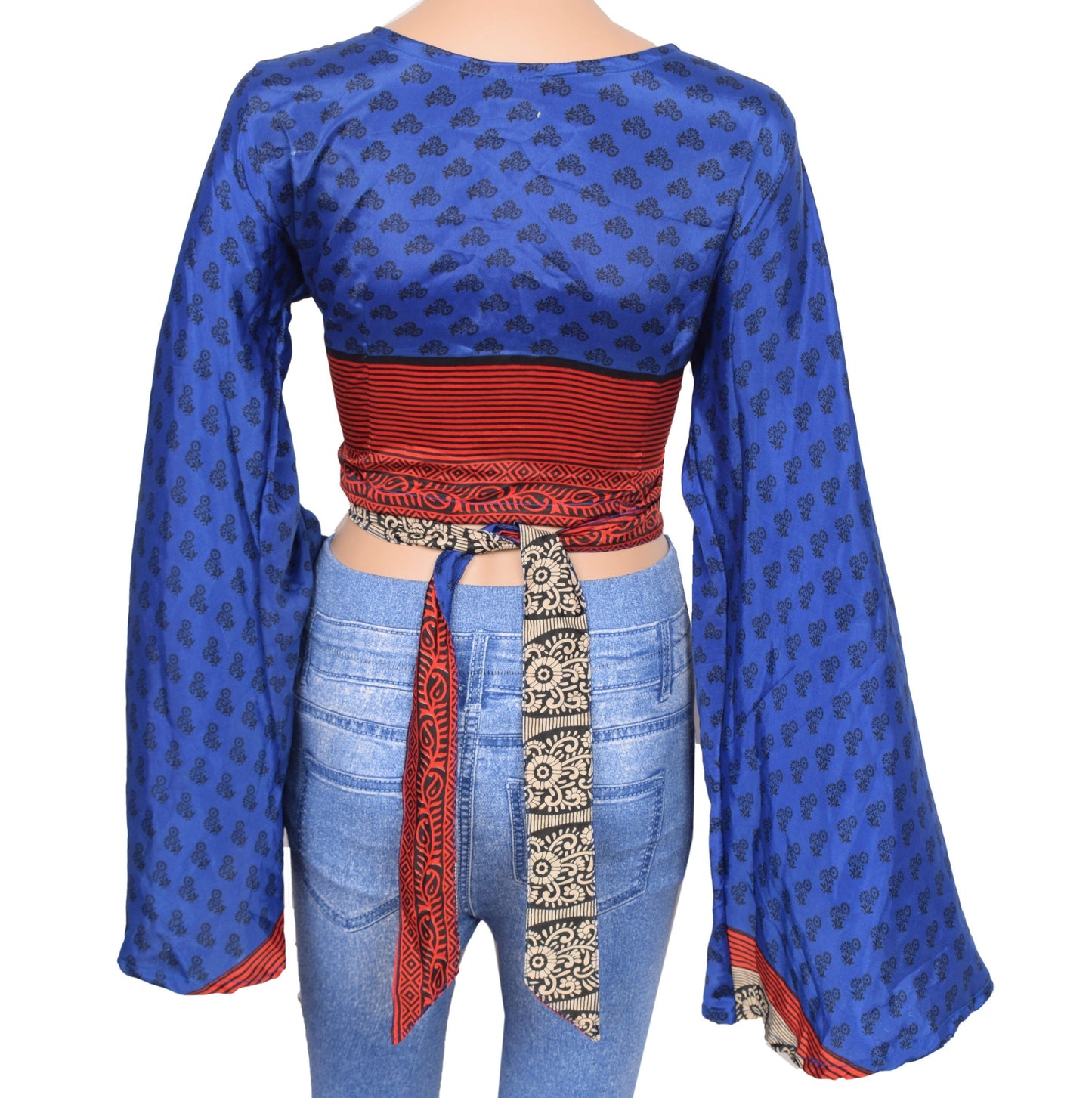 Sushila Vintage Bell Sleeve Bohemian NEW Recycled Silk Saree Top 70,sRetro Blue