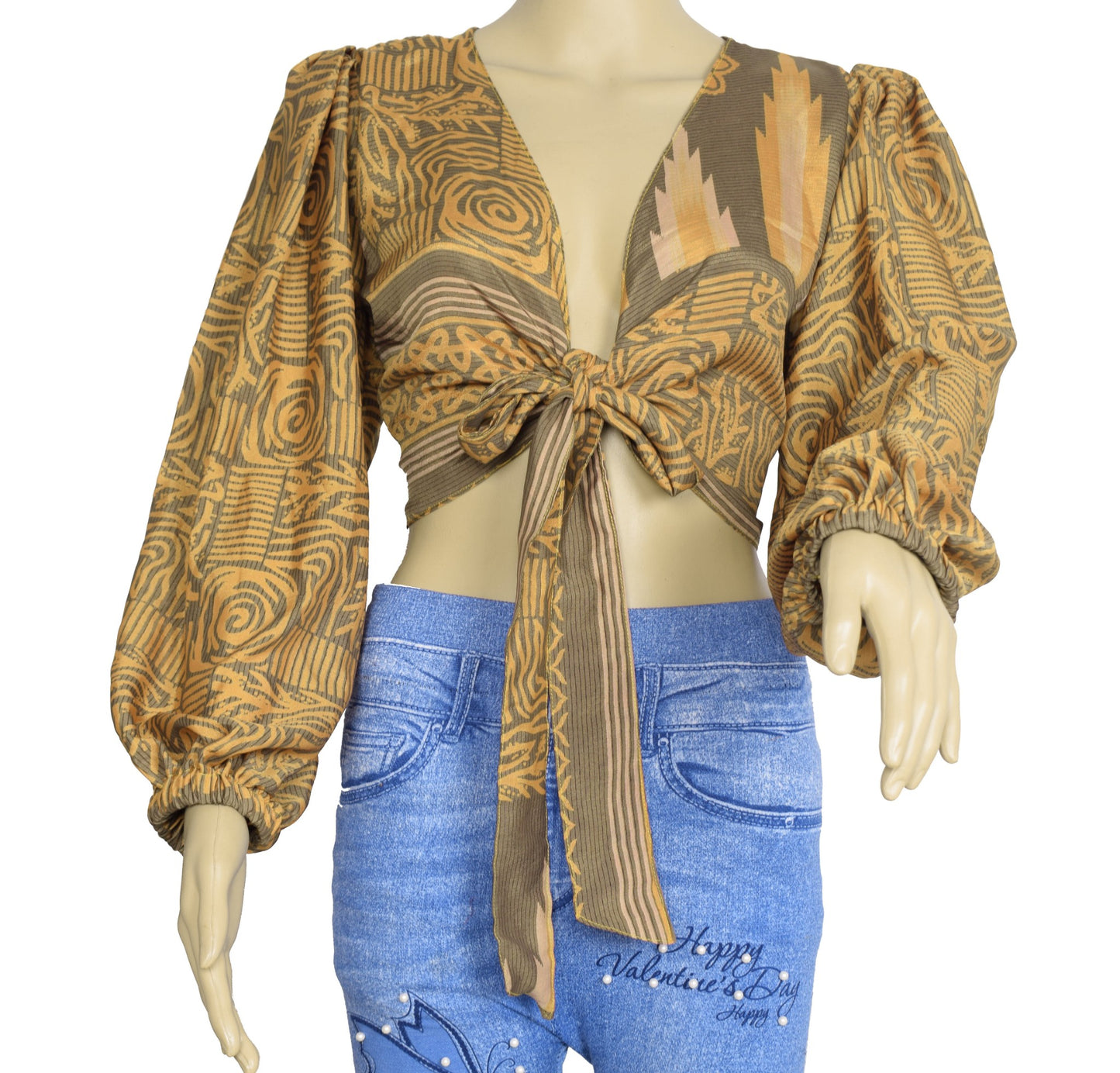 Sushila Vintage Balloon Sleeve Bohemian NEW Recycled Brown Silk Saree Top Retro