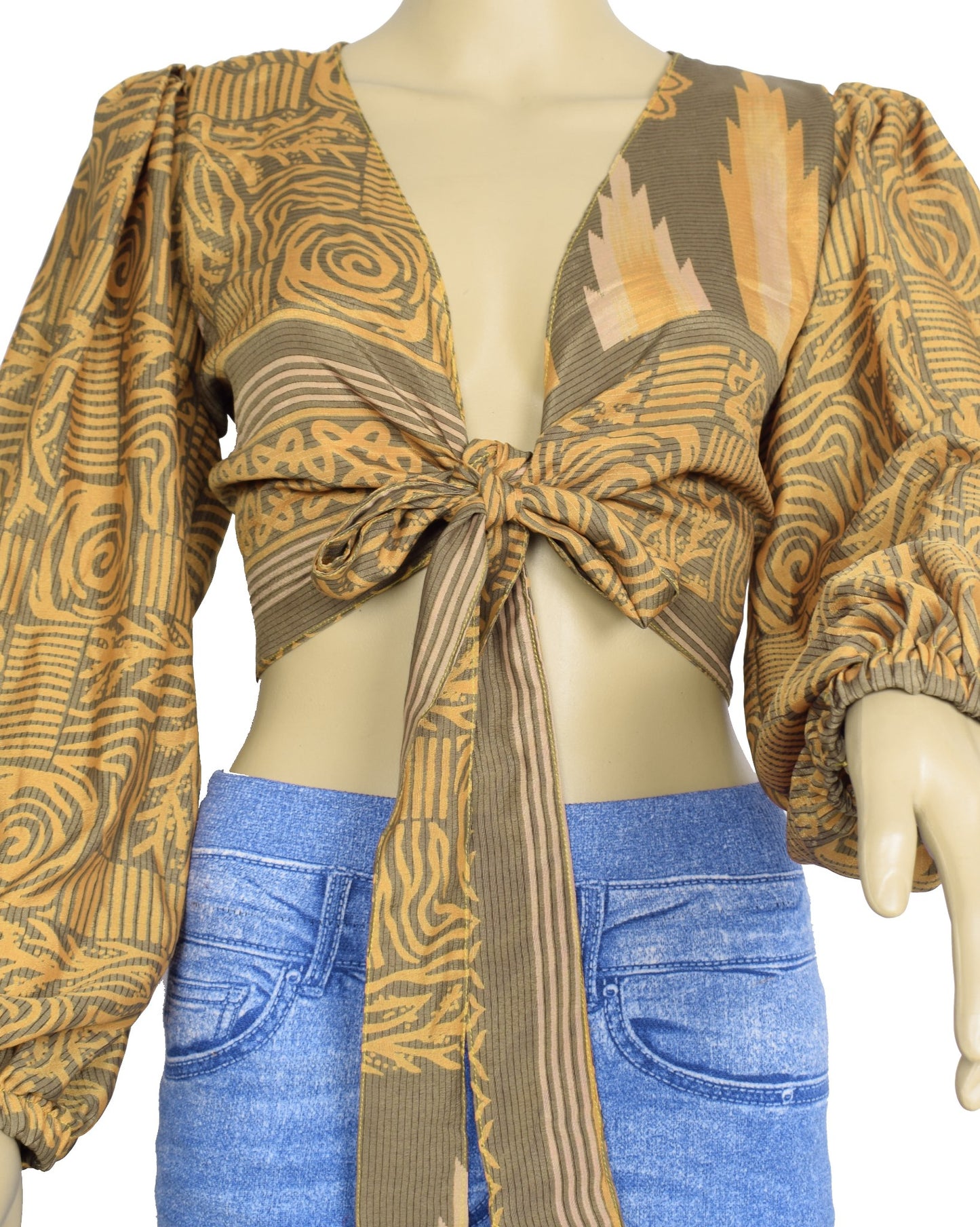 Sushila Vintage Balloon Sleeve Bohemian NEW Recycled Brown Silk Saree Top Retro
