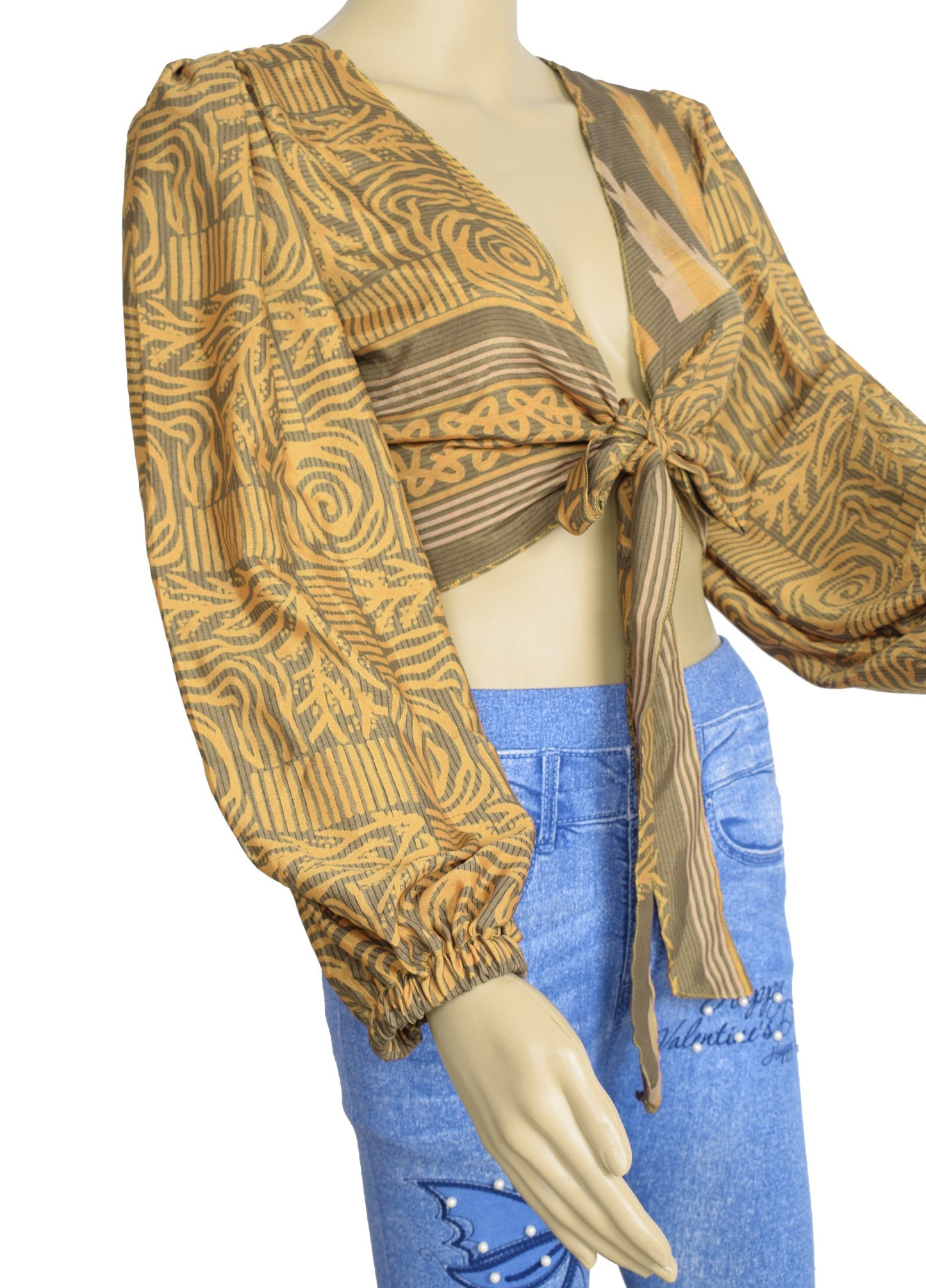 Sushila Vintage Balloon Sleeve Bohemian NEW Recycled Brown Silk Saree Top Retro
