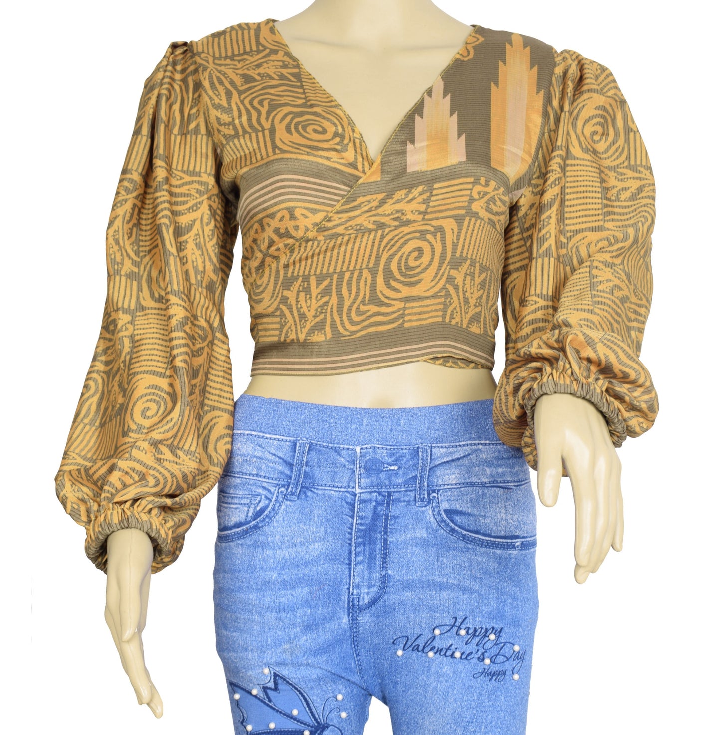 Sushila Vintage Balloon Sleeve Bohemian NEW Recycled Brown Silk Saree Top Retro