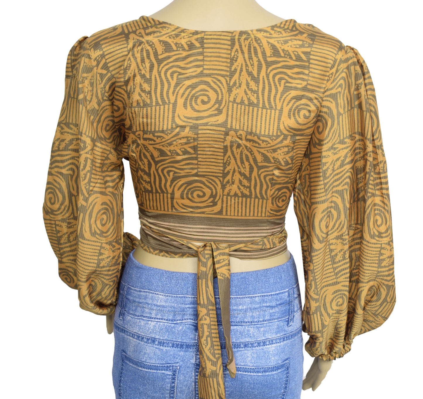 Sushila Vintage Balloon Sleeve Bohemian NEW Recycled Brown Silk Saree Top Retro