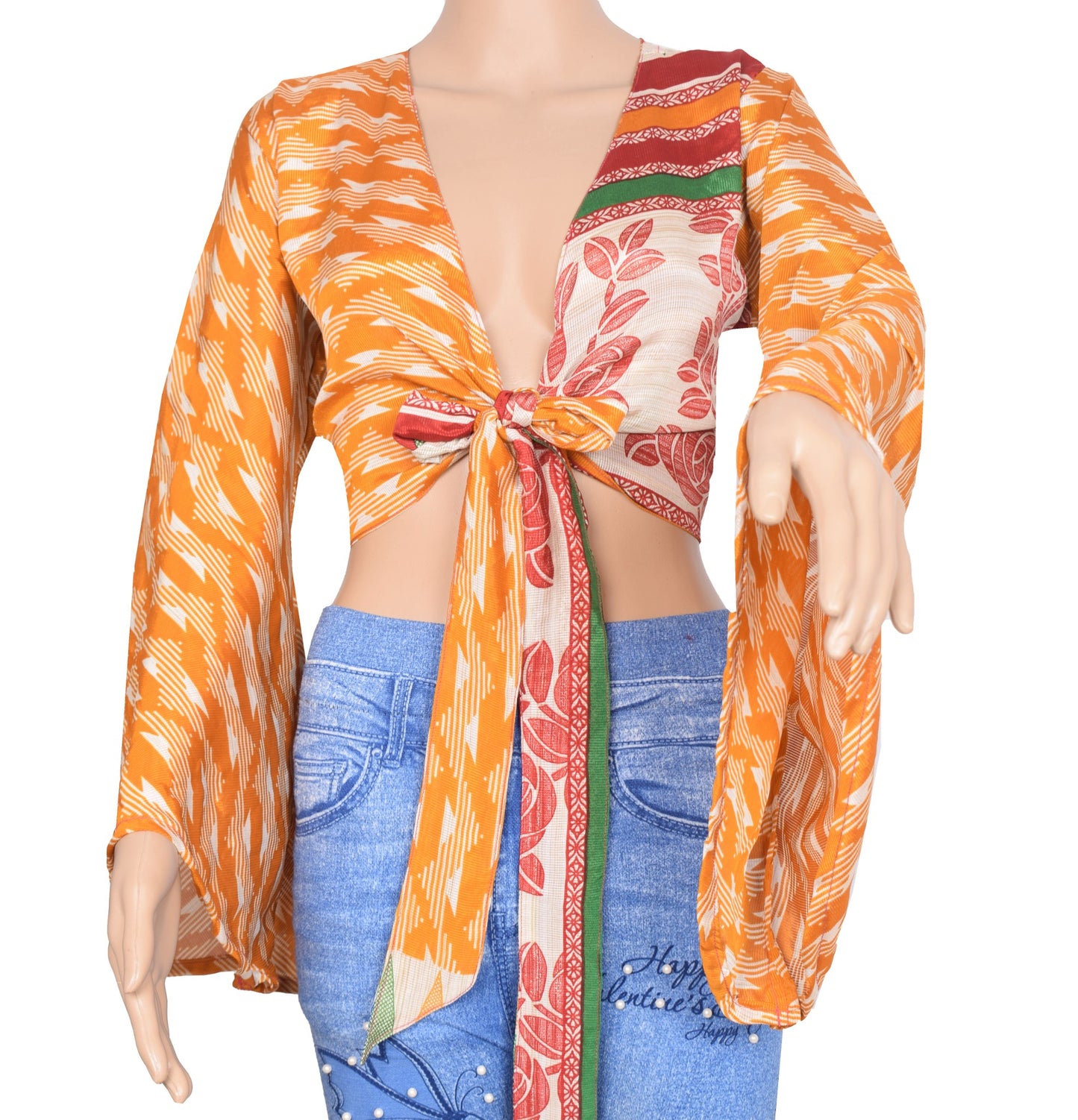 Sushila Vintage Bell Sleeve Bohemian NEW Recycled Mustard Silk Saree Top Retro