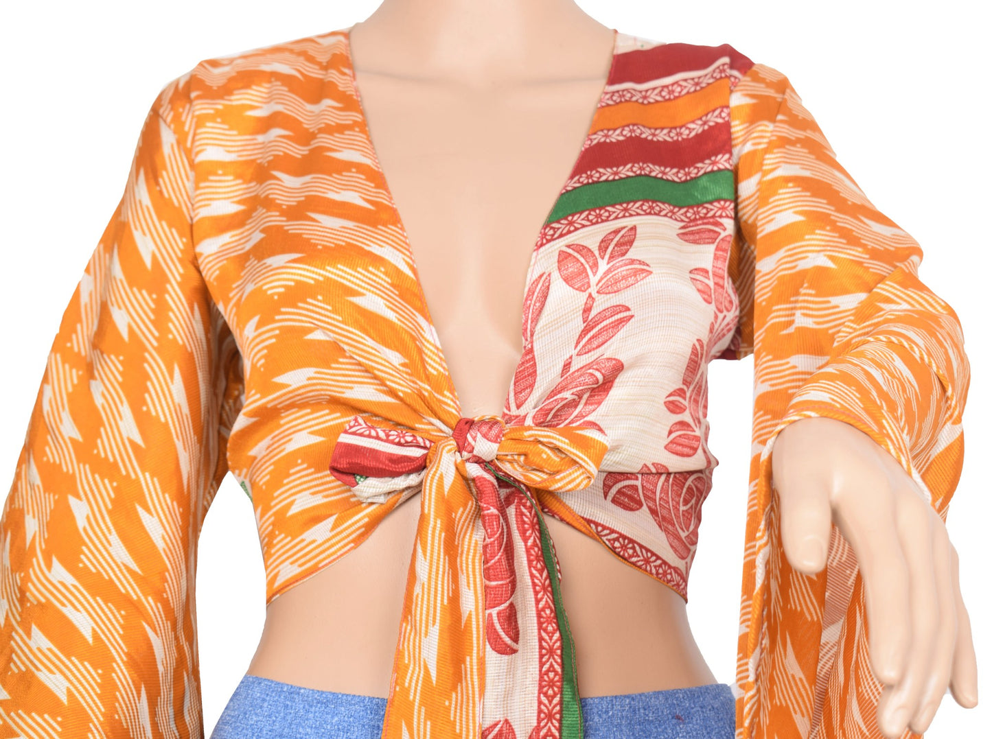 Sushila Vintage Bell Sleeve Bohemian NEW Recycled Mustard Silk Saree Top Retro