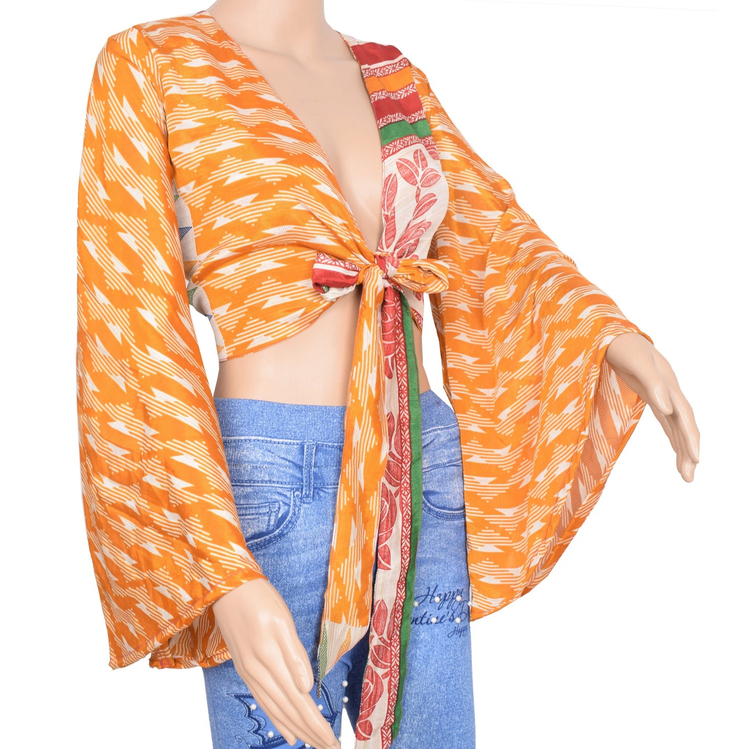 Sushila Vintage Bell Sleeve Bohemian NEW Recycled Mustard Silk Saree Top Retro
