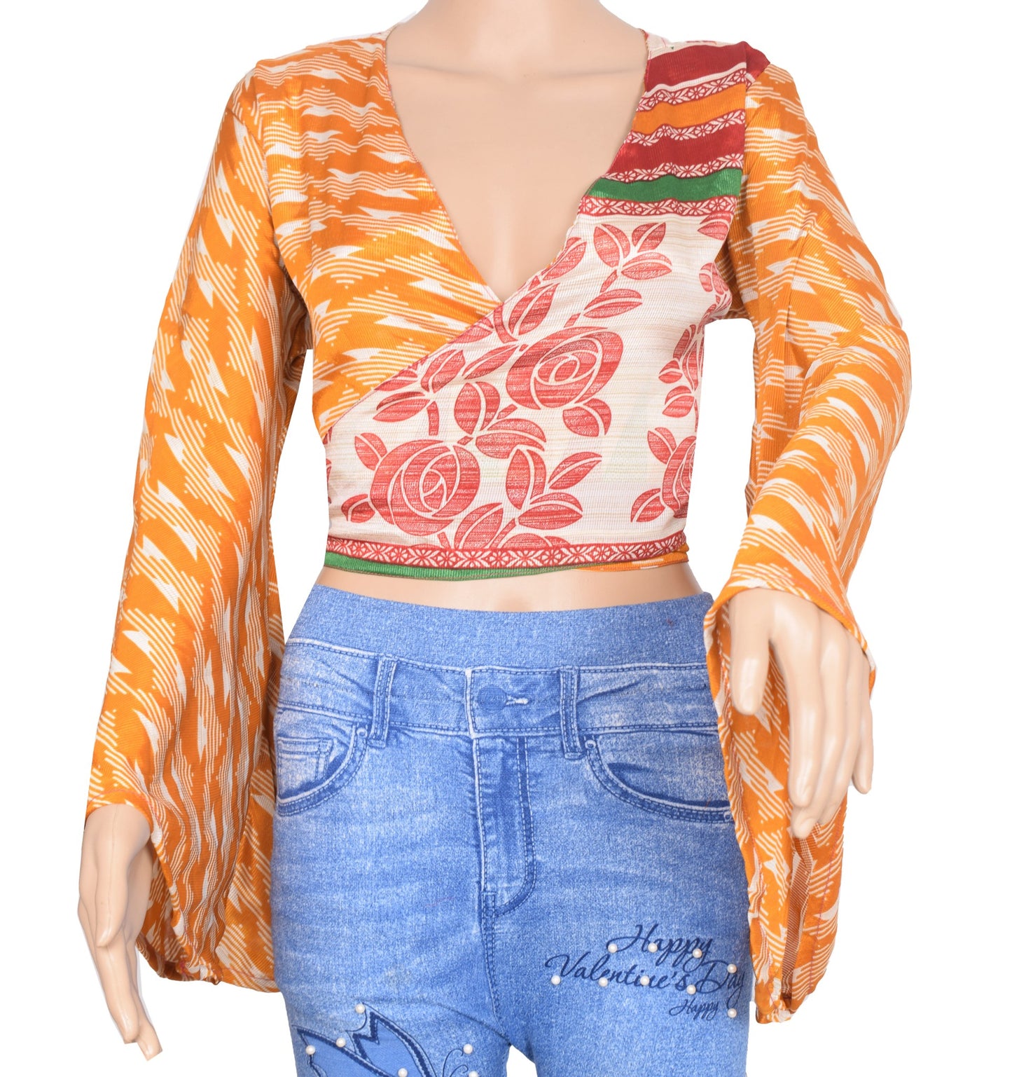 Sushila Vintage Bell Sleeve Bohemian NEW Recycled Mustard Silk Saree Top Retro