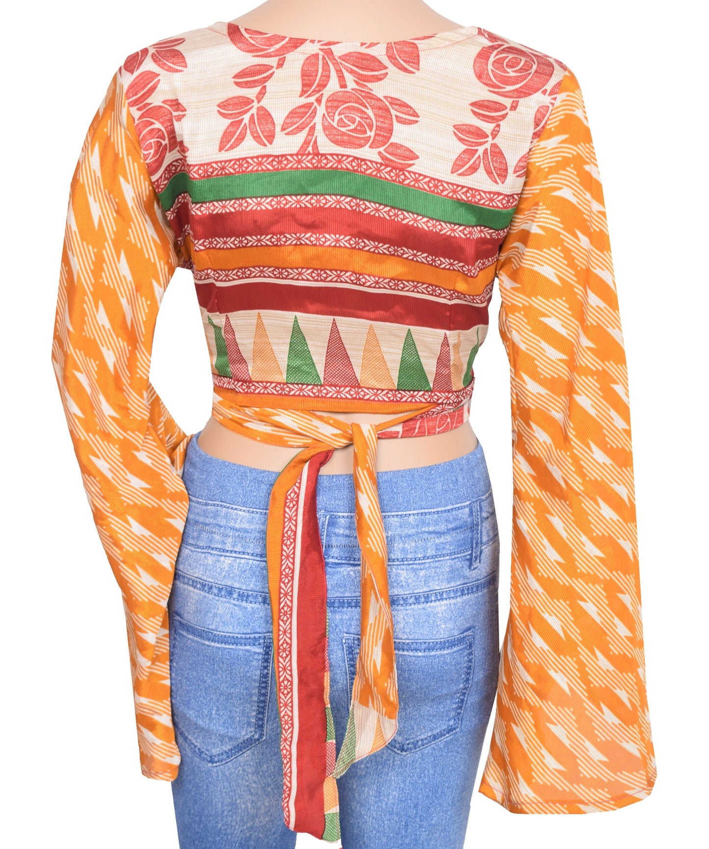 Sushila Vintage Bell Sleeve Bohemian NEW Recycled Mustard Silk Saree Top Retro