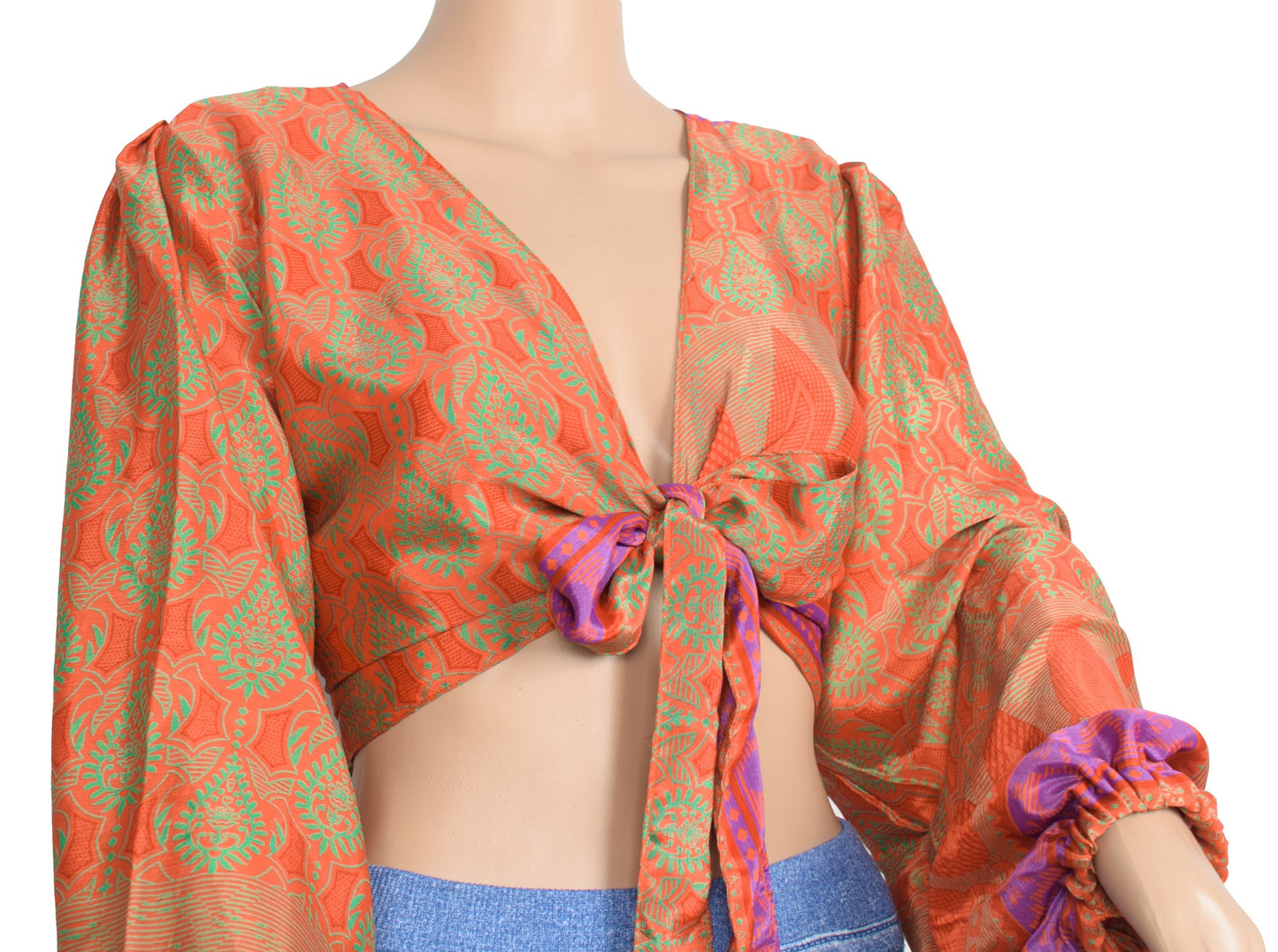 Sushila Vintage Balloon Sleeve Bohemian Recycled Silk Saree Orange Retro 70'sTop