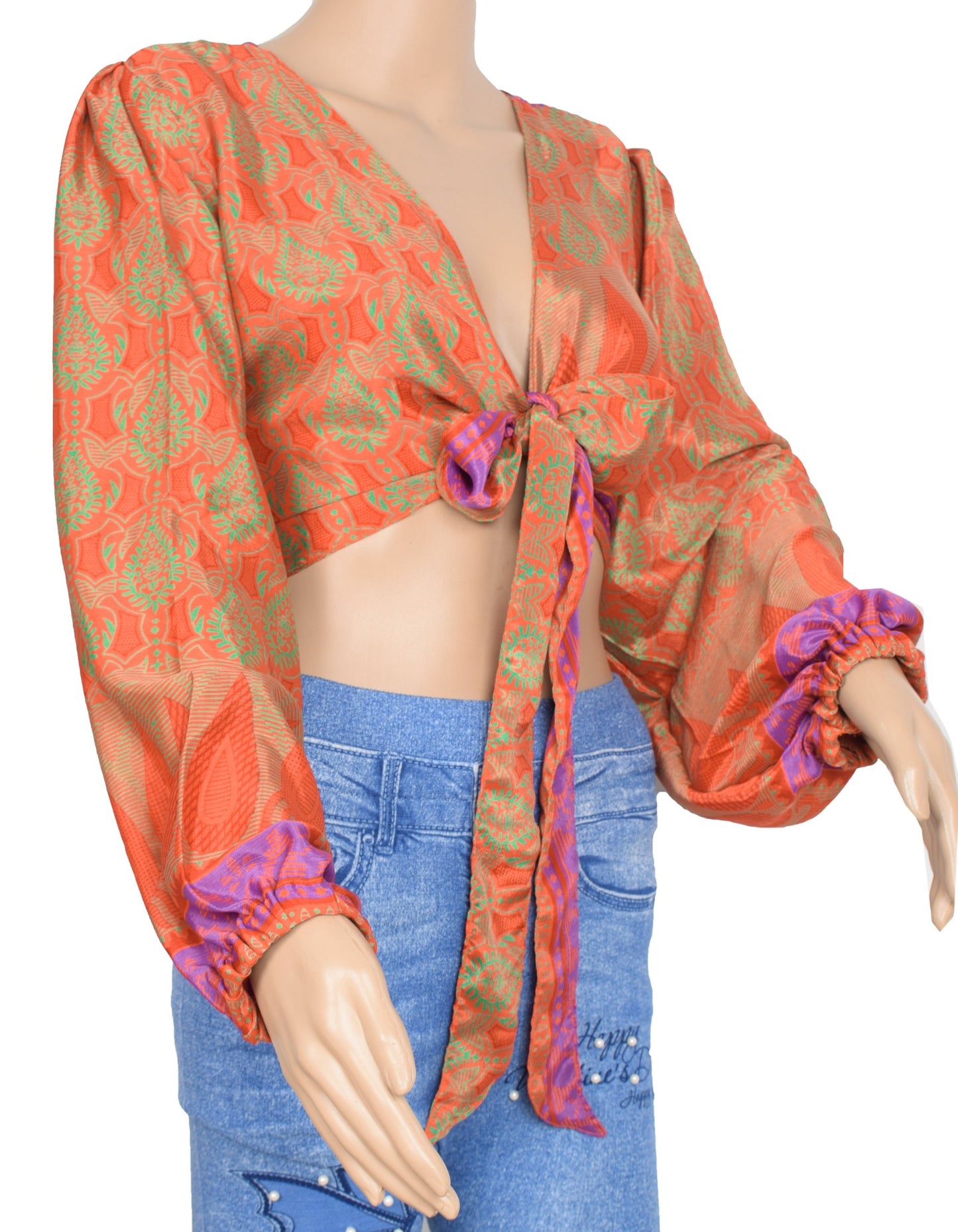 Sushila Vintage Balloon Sleeve Bohemian Recycled Silk Saree Orange Retro 70'sTop