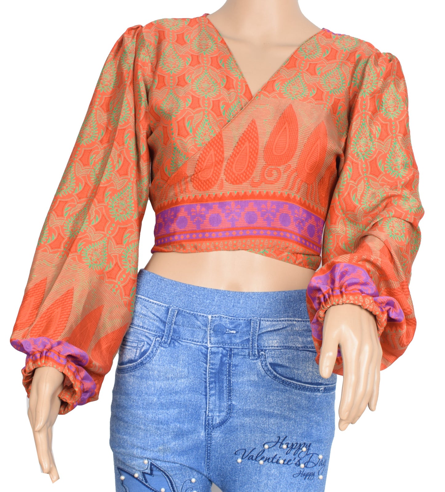 Sushila Vintage Balloon Sleeve Bohemian Recycled Silk Saree Orange Retro 70'sTop