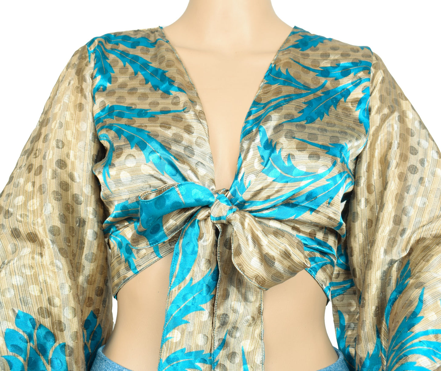 Sushila Vintage Bell Sleeve Bohemian NEW Recycled Silk Saree Brown Top Retro