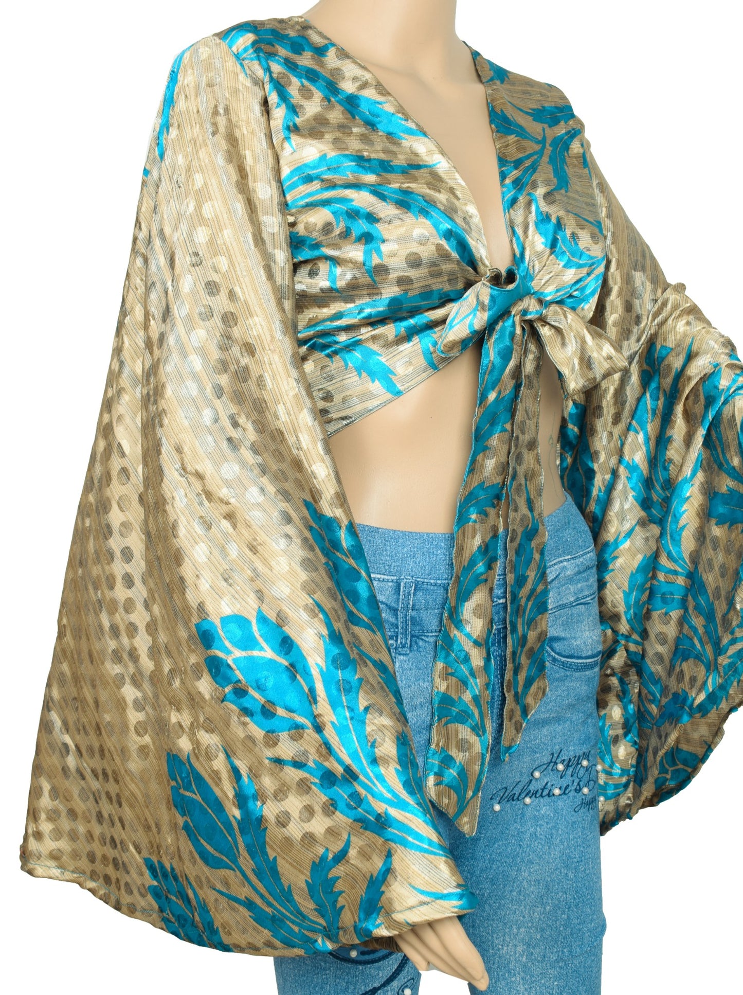 Sushila Vintage Bell Sleeve Bohemian NEW Recycled Silk Saree Brown Top Retro