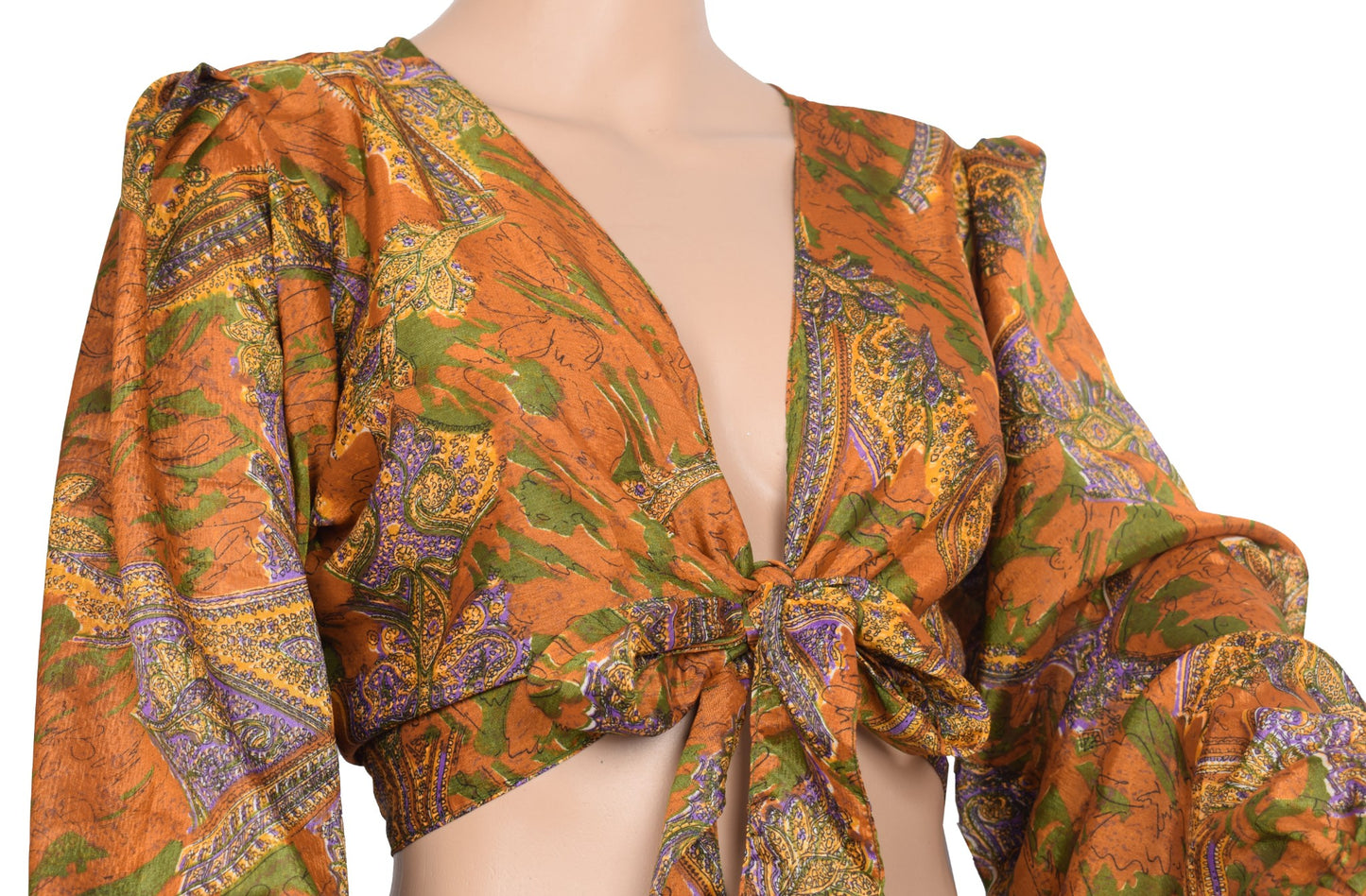 Sushila Vintage Balloon Sleeve Bohemian NEW Recycled Silk Saree Mustard Top