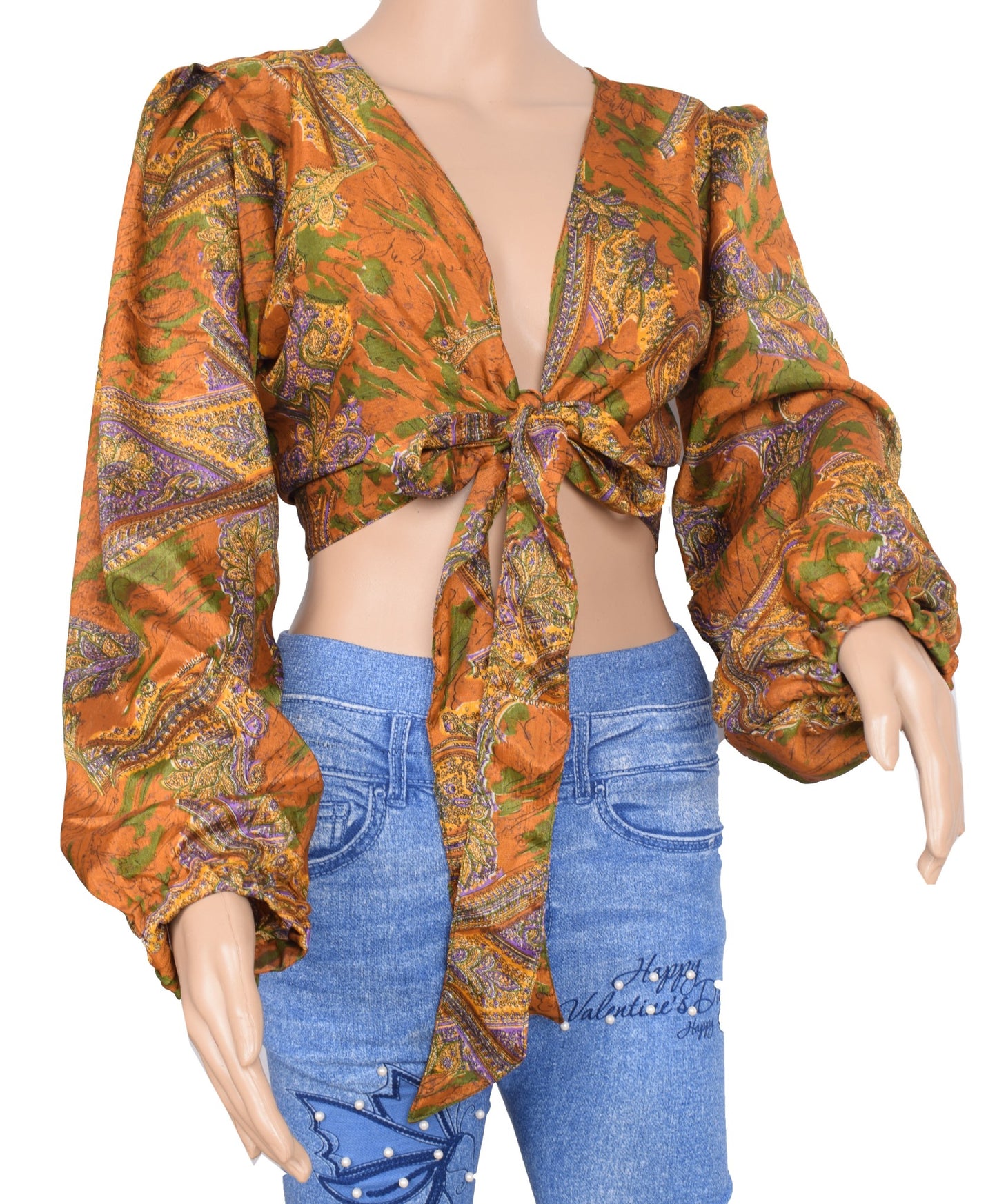 Sushila Vintage Balloon Sleeve Bohemian NEW Recycled Silk Saree Mustard Top