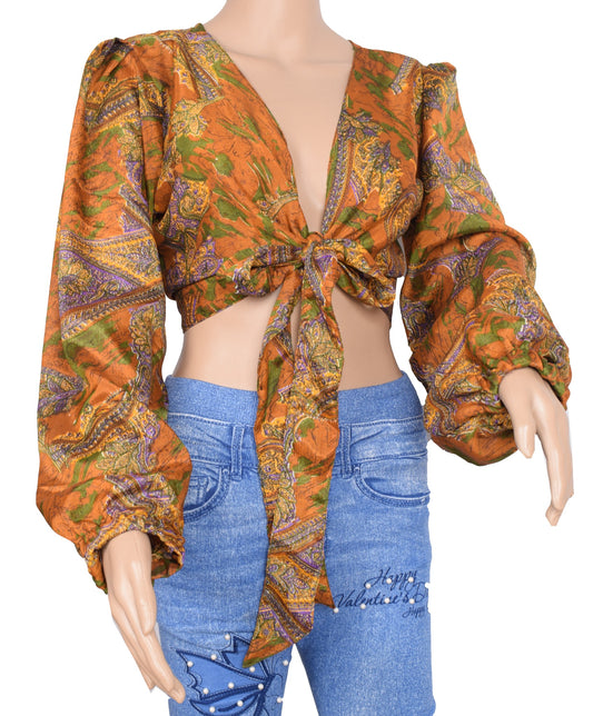 Sushila Vintage Balloon Sleeve Bohemian NEW Recycled Silk Saree Mustard Top