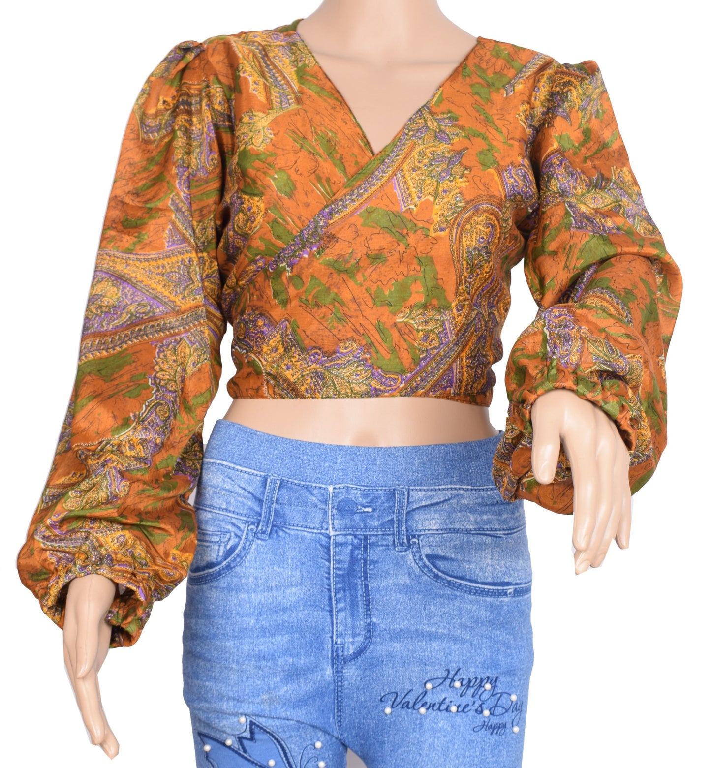 Sushila Vintage Balloon Sleeve Bohemian NEW Recycled Silk Saree Mustard Top