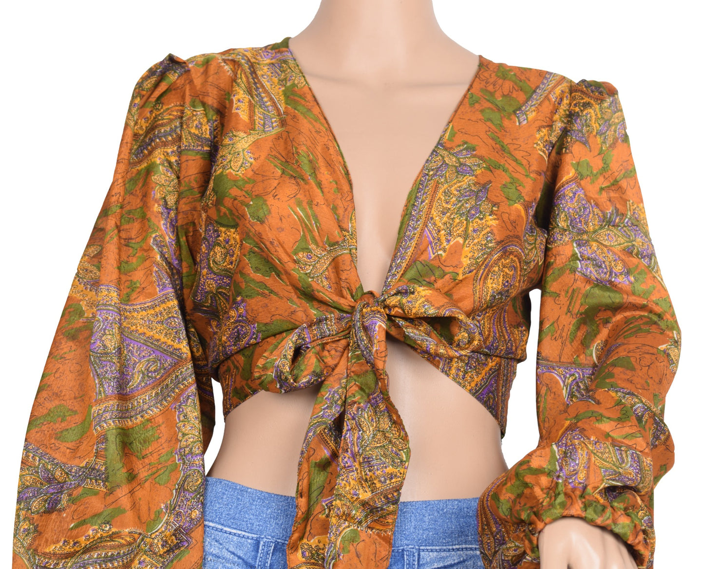 Sushila Vintage Balloon Sleeve Bohemian NEW Recycled Silk Saree Mustard Top