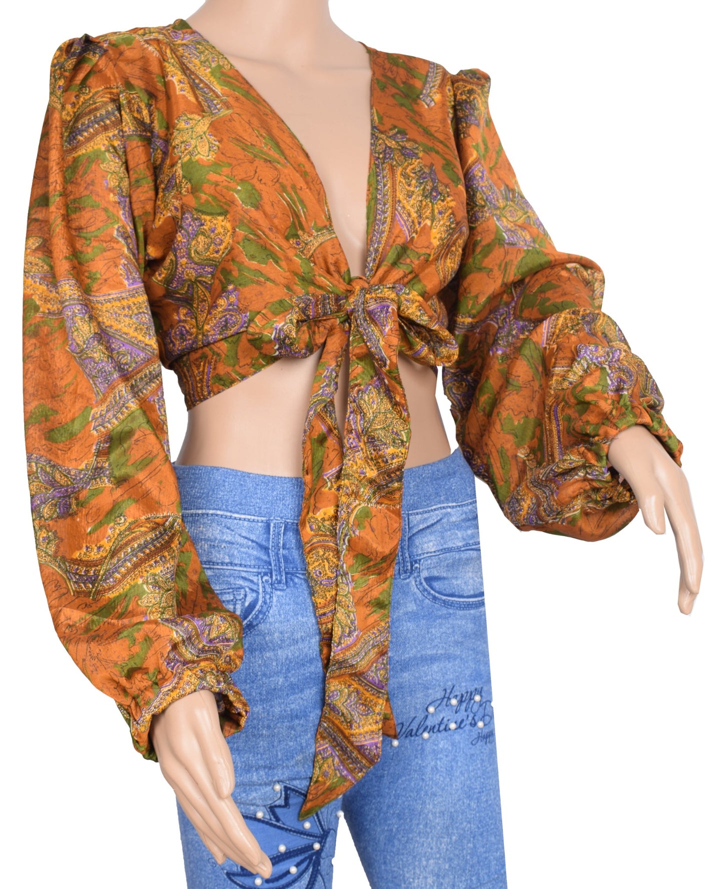 Sushila Vintage Balloon Sleeve Bohemian NEW Recycled Silk Saree Mustard Top