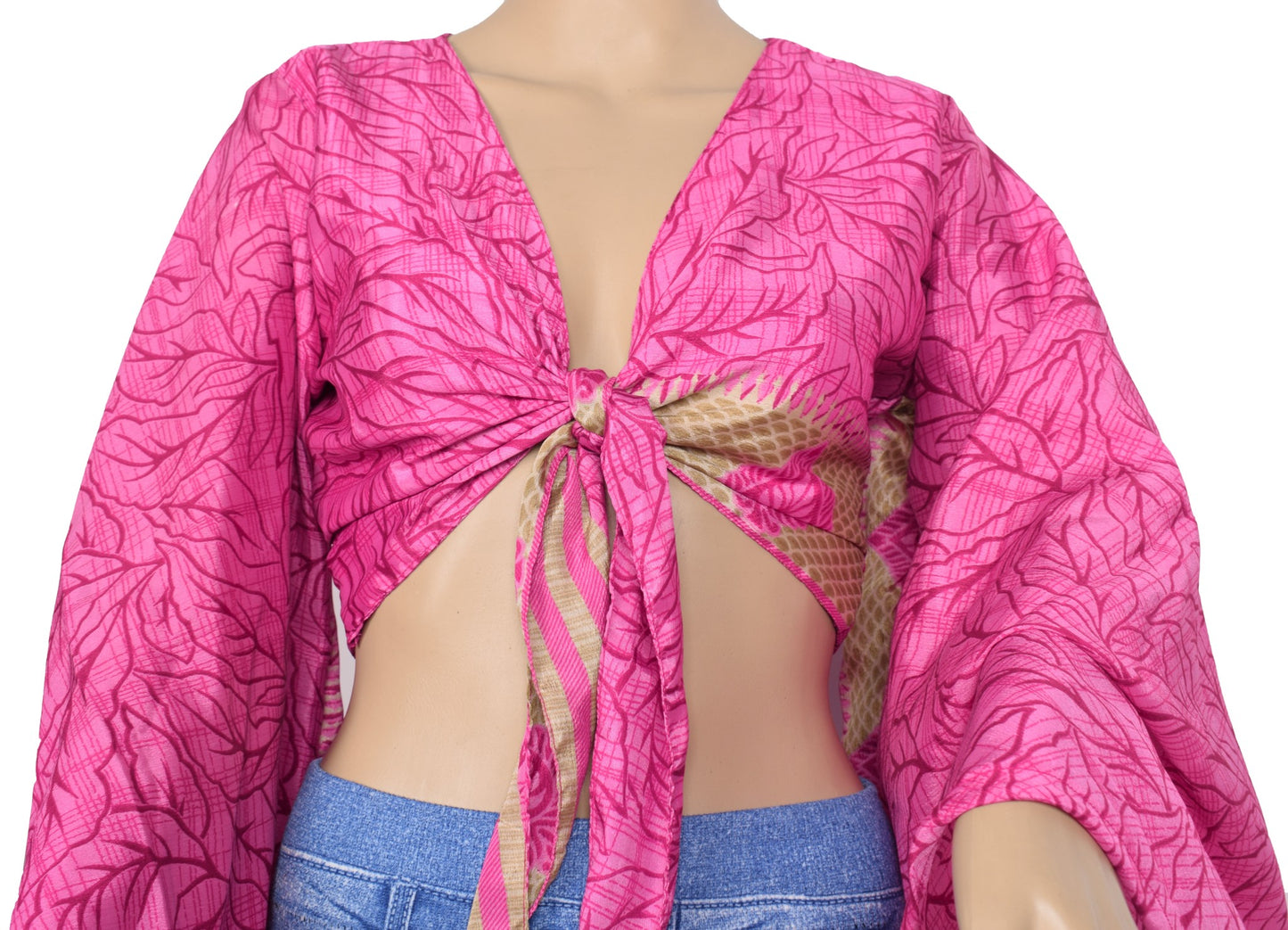 Sushila Vintage Bell Sleeve Bohemian NEW Recycled Silk Saree Top 70,s Retro Pink