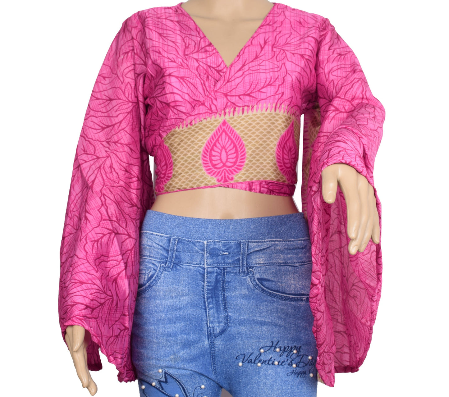 Sushila Vintage Bell Sleeve Bohemian NEW Recycled Silk Saree Top 70,s Retro Pink