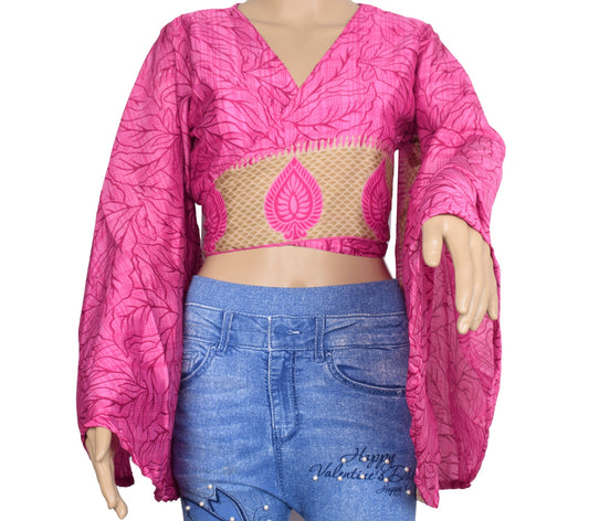 Sushila Vintage Bell Sleeve Bohemian NEW Recycled Silk Saree Top 70,s Retro Pink