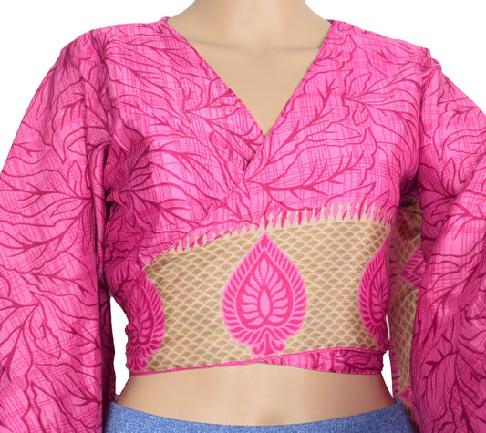 Sushila Vintage Bell Sleeve Bohemian NEW Recycled Silk Saree Top 70,s Retro Pink
