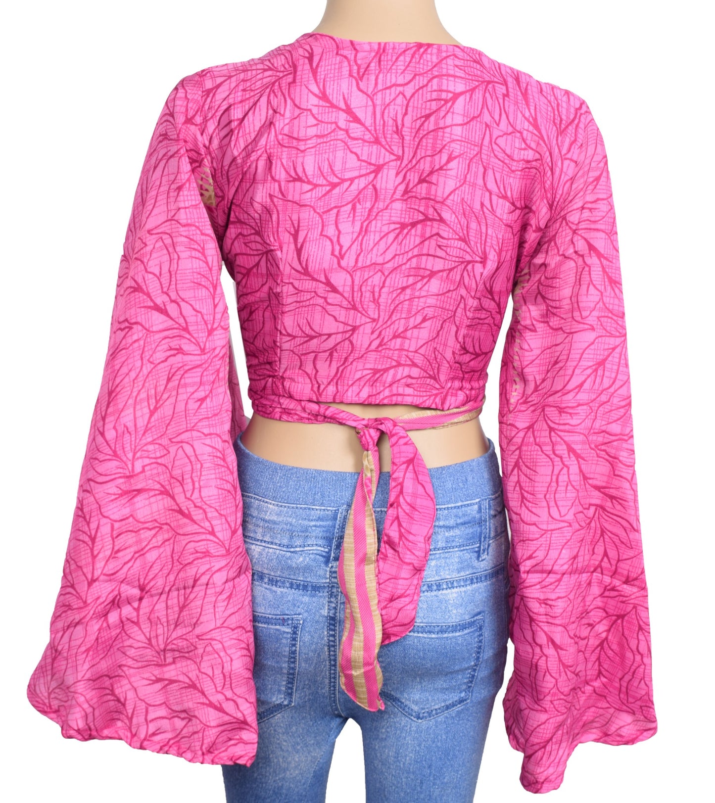 Sushila Vintage Bell Sleeve Bohemian NEW Recycled Silk Saree Top 70,s Retro Pink