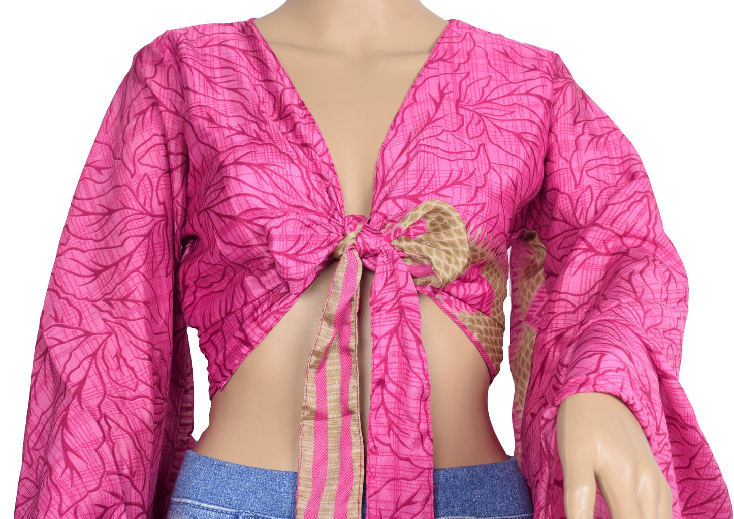 Sushila Vintage Bell Sleeve Bohemian NEW Recycled Silk Saree Top 70,s Retro Pink