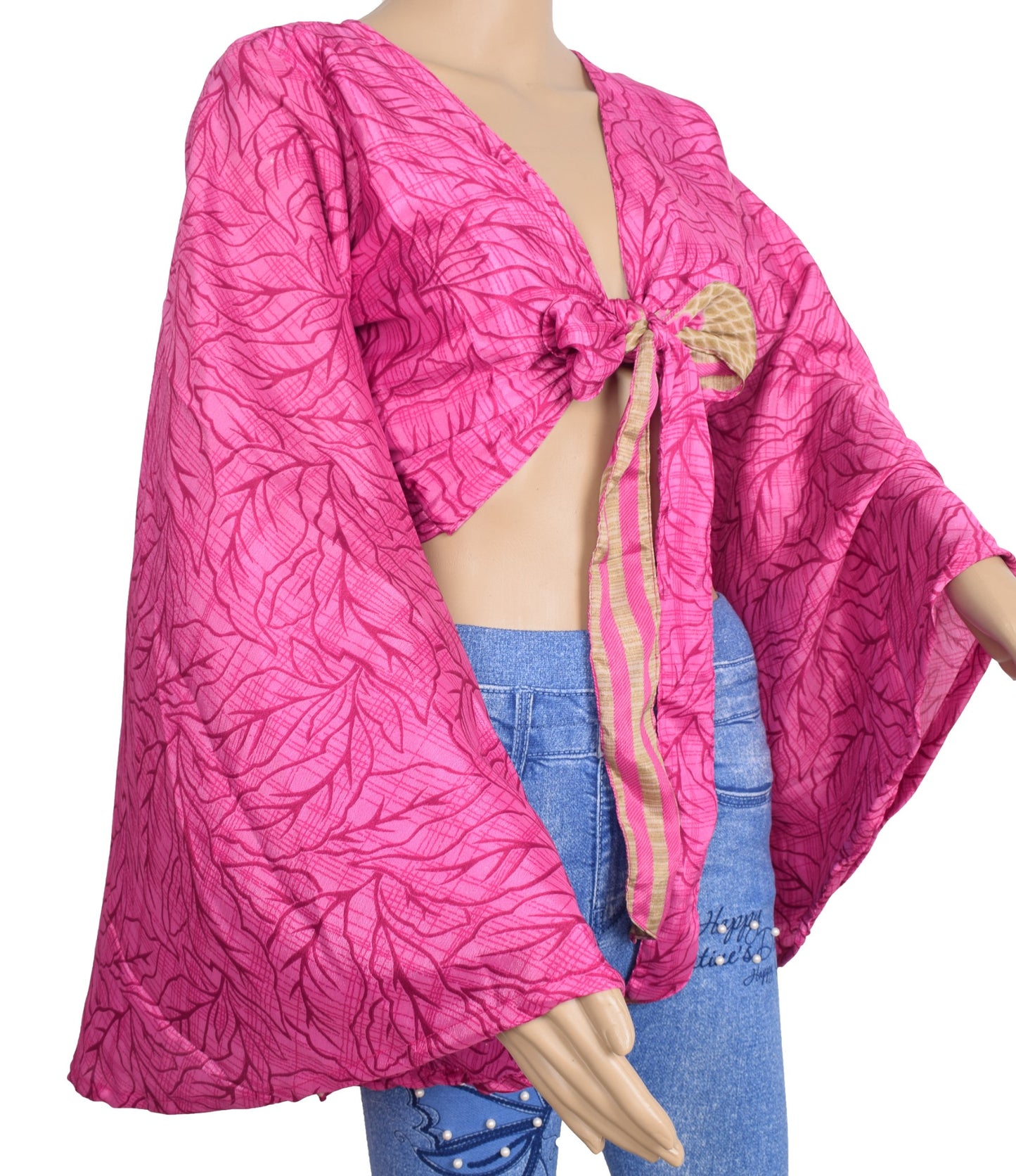 Sushila Vintage Bell Sleeve Bohemian NEW Recycled Silk Saree Top 70,s Retro Pink