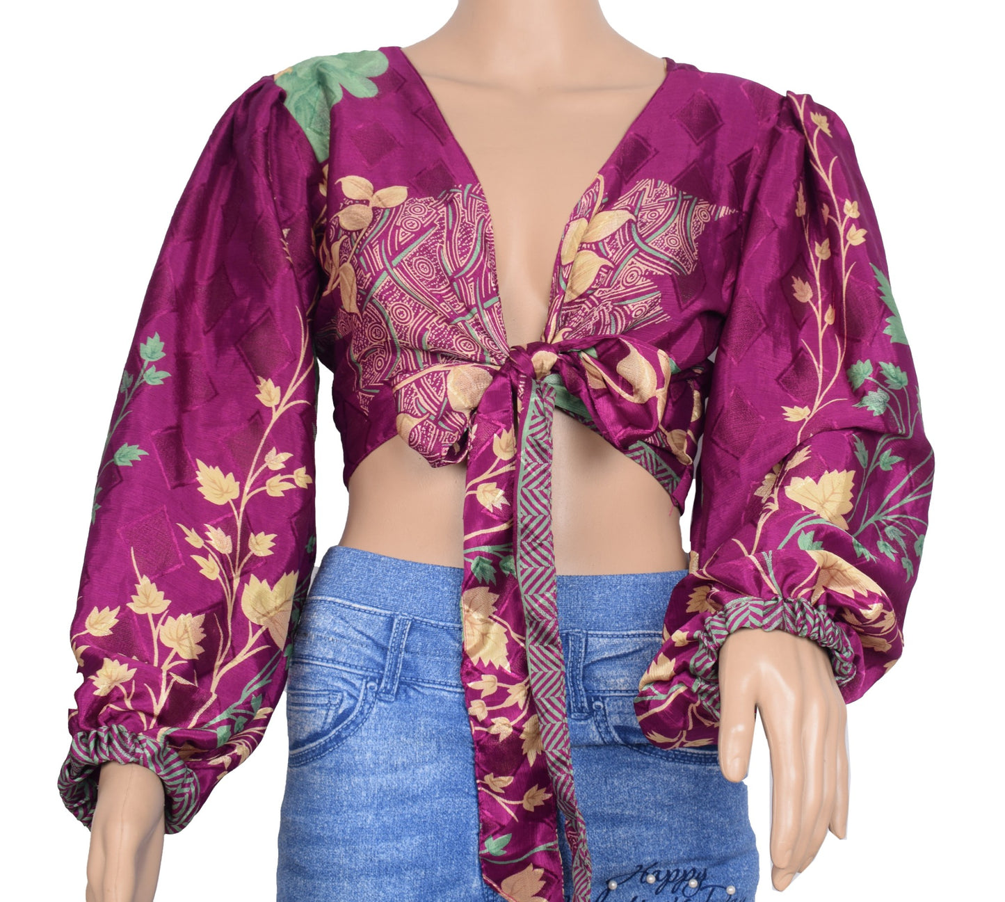 Sushila Vintage Balloon Sleeve Bohemian NEW Recycled Burgundy Silk Saree Top