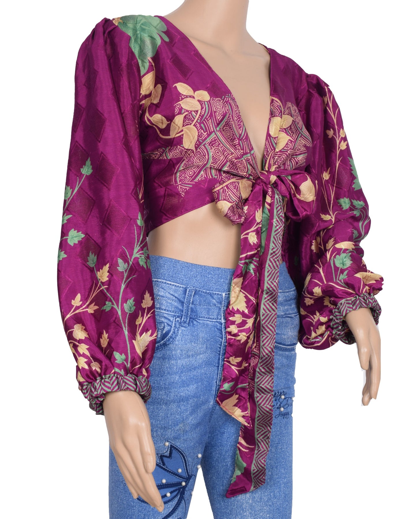 Sushila Vintage Balloon Sleeve Bohemian NEW Recycled Burgundy Silk Saree Top