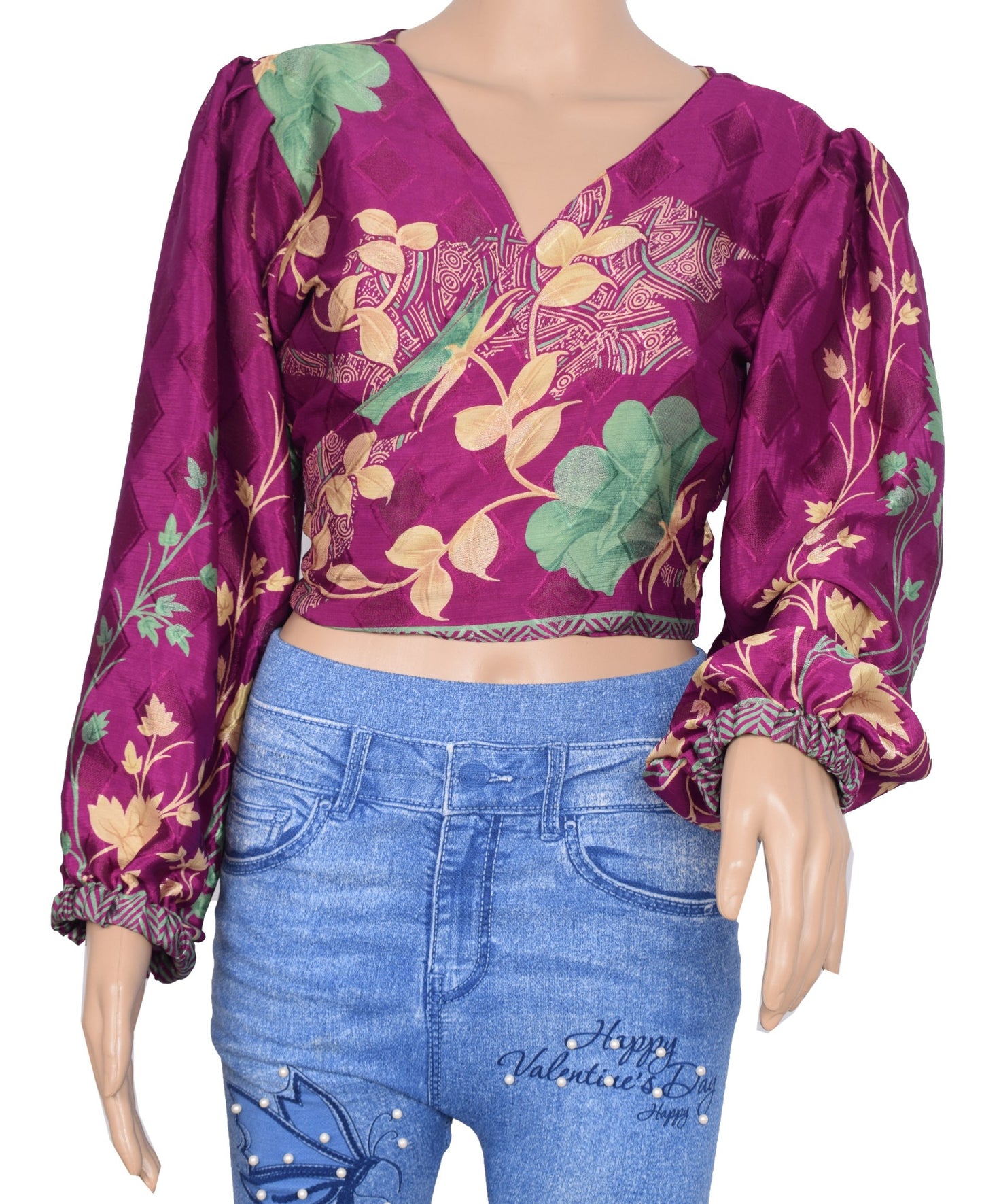 Sushila Vintage Balloon Sleeve Bohemian NEW Recycled Burgundy Silk Saree Top