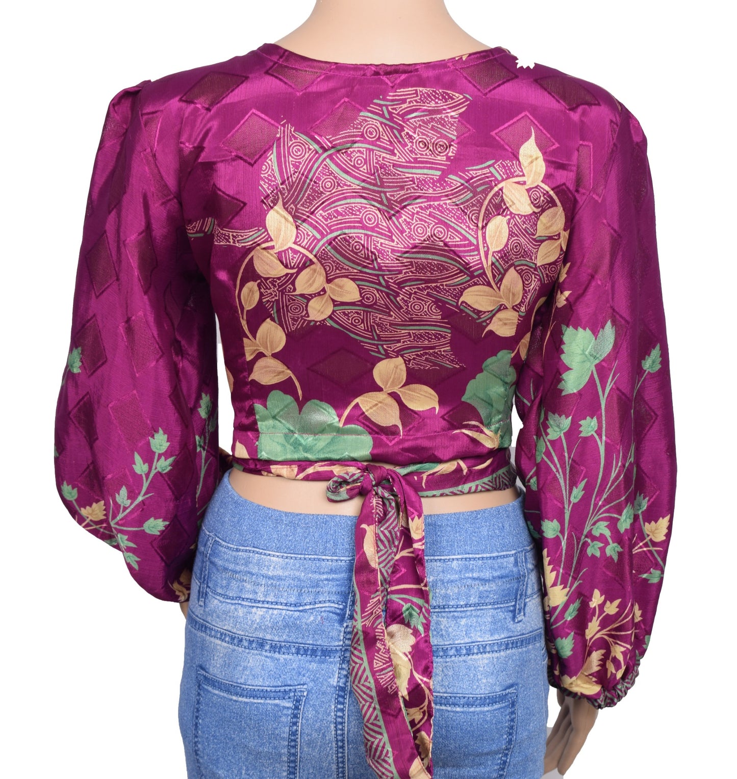 Sushila Vintage Balloon Sleeve Bohemian NEW Recycled Burgundy Silk Saree Top