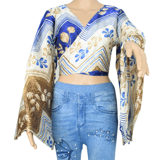 Sushila Vintage Bell Sleeve Top NEW Recycled Silk Saree Multi-Color 70,s Retro