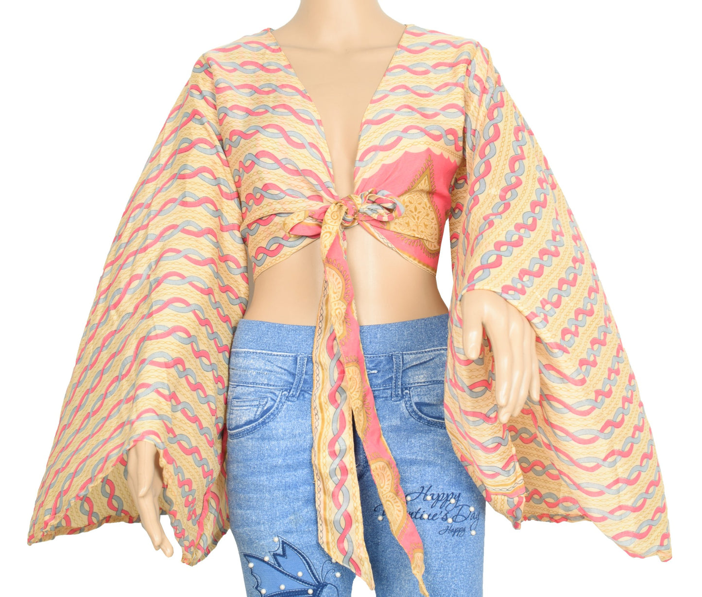 Sushila Vintage Bell Sleeve Bohemian NEW Recycled Silk Saree Cream Retro Top