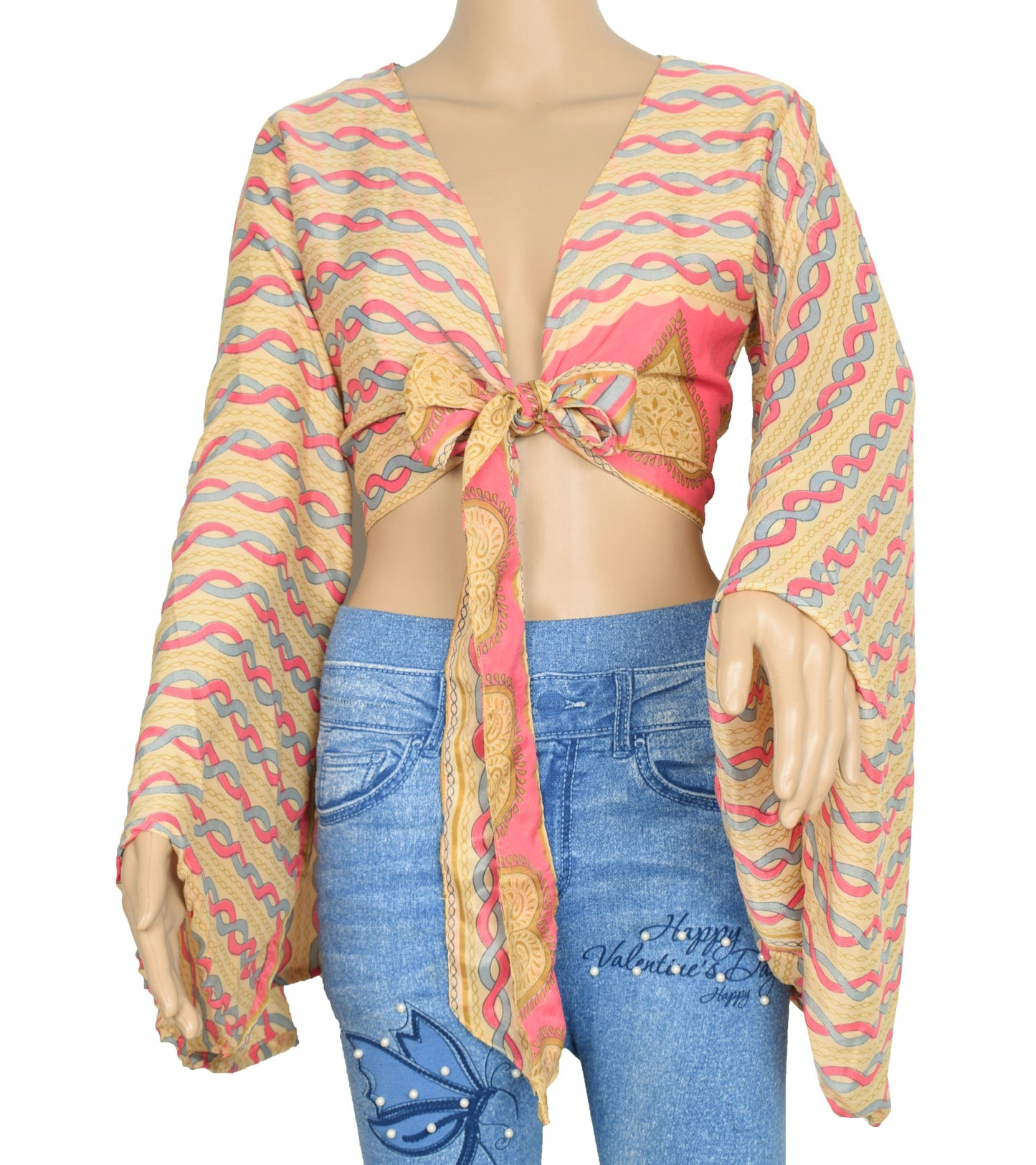 Sushila Vintage Bell Sleeve Bohemian NEW Recycled Silk Saree Cream Retro Top