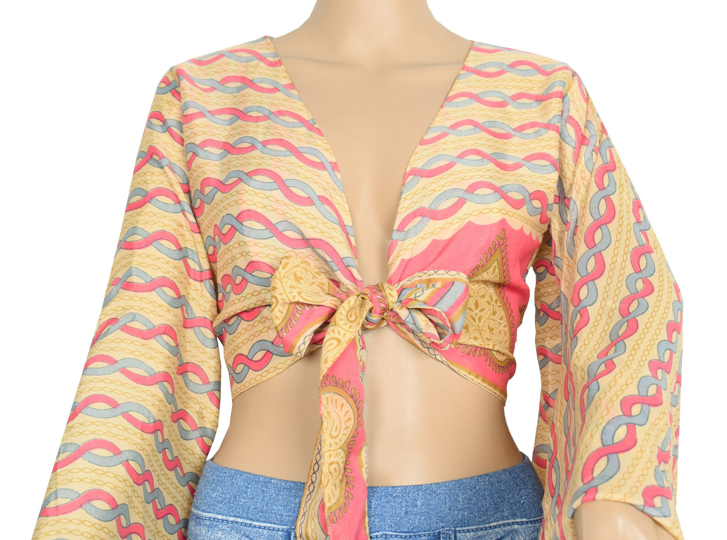 Sushila Vintage Bell Sleeve Bohemian NEW Recycled Silk Saree Cream Retro Top
