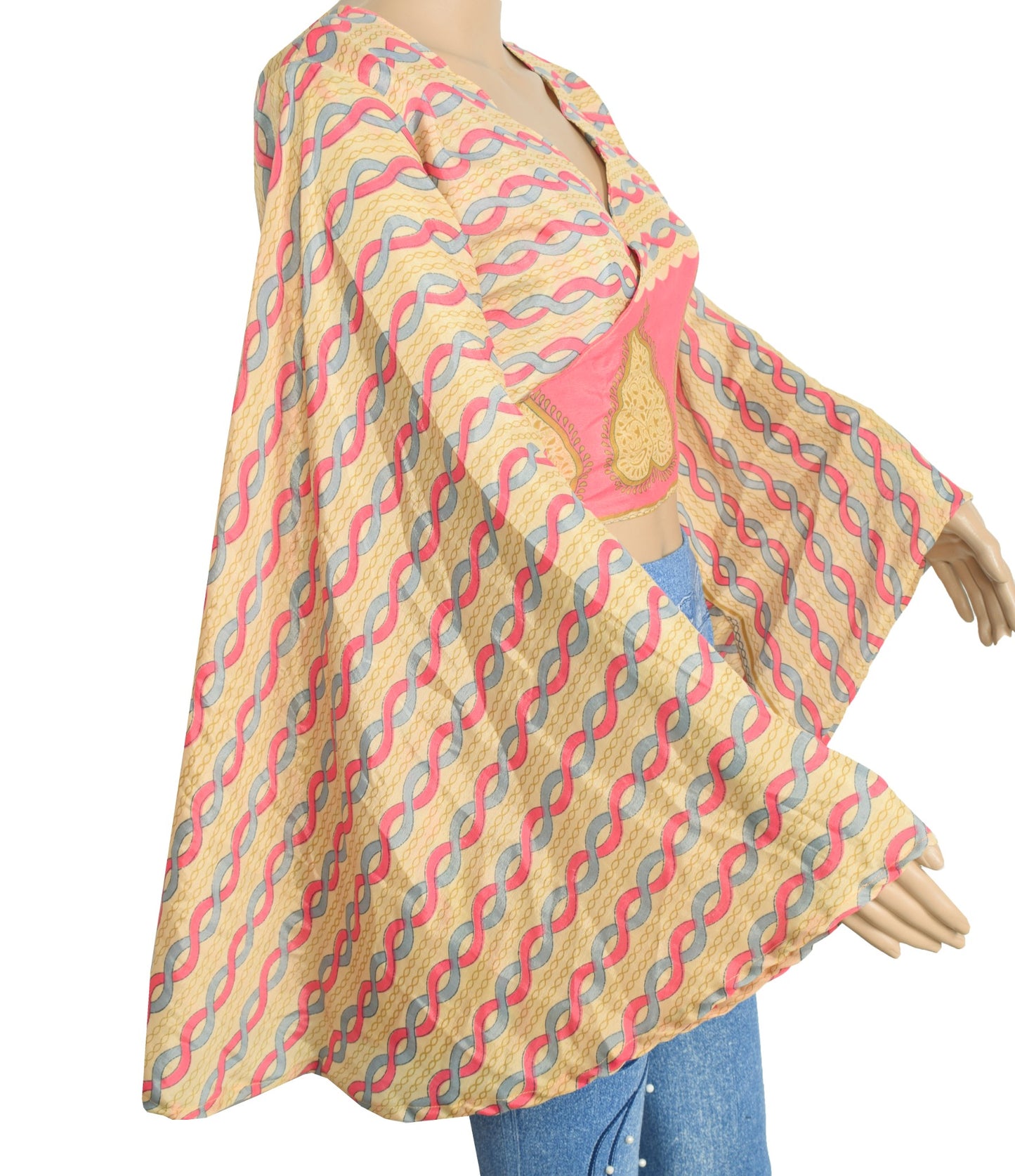 Sushila Vintage Bell Sleeve Bohemian NEW Recycled Silk Saree Cream Retro Top