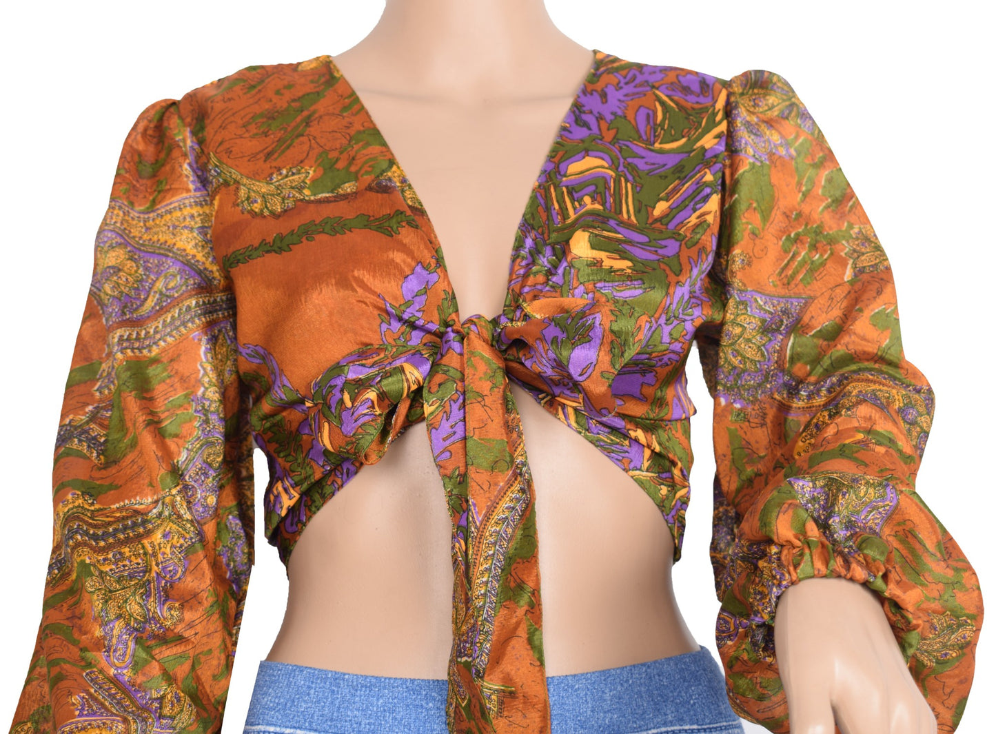 Sushila Vintage Balloon Sleeve Top NEW Recycled Brown Silk Saree 70,s Retro Boho