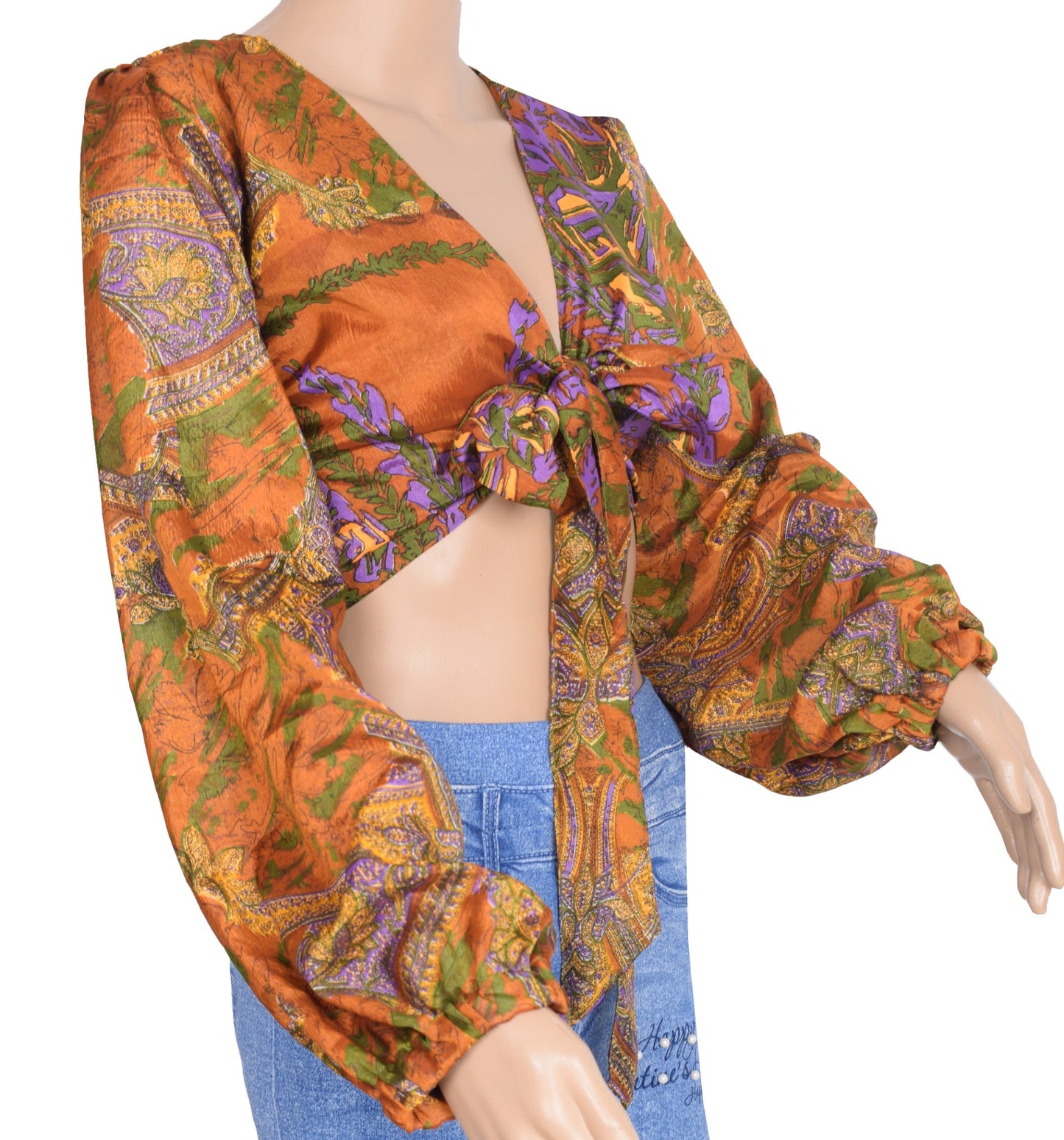 Sushila Vintage Balloon Sleeve Top NEW Recycled Brown Silk Saree 70,s Retro Boho