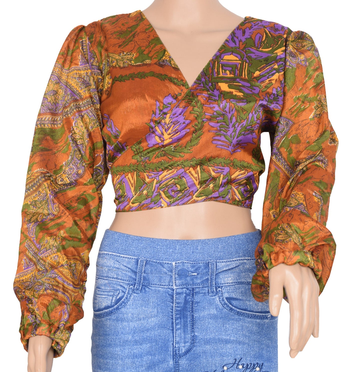 Sushila Vintage Balloon Sleeve Top NEW Recycled Brown Silk Saree 70,s Retro Boho