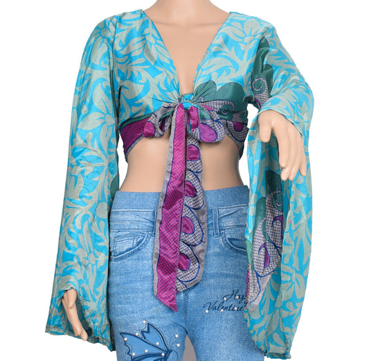 Sushila Vintage Bell Sleeve Top Bohemian NEW Recycled Silk Saree 70,s Retro Blue