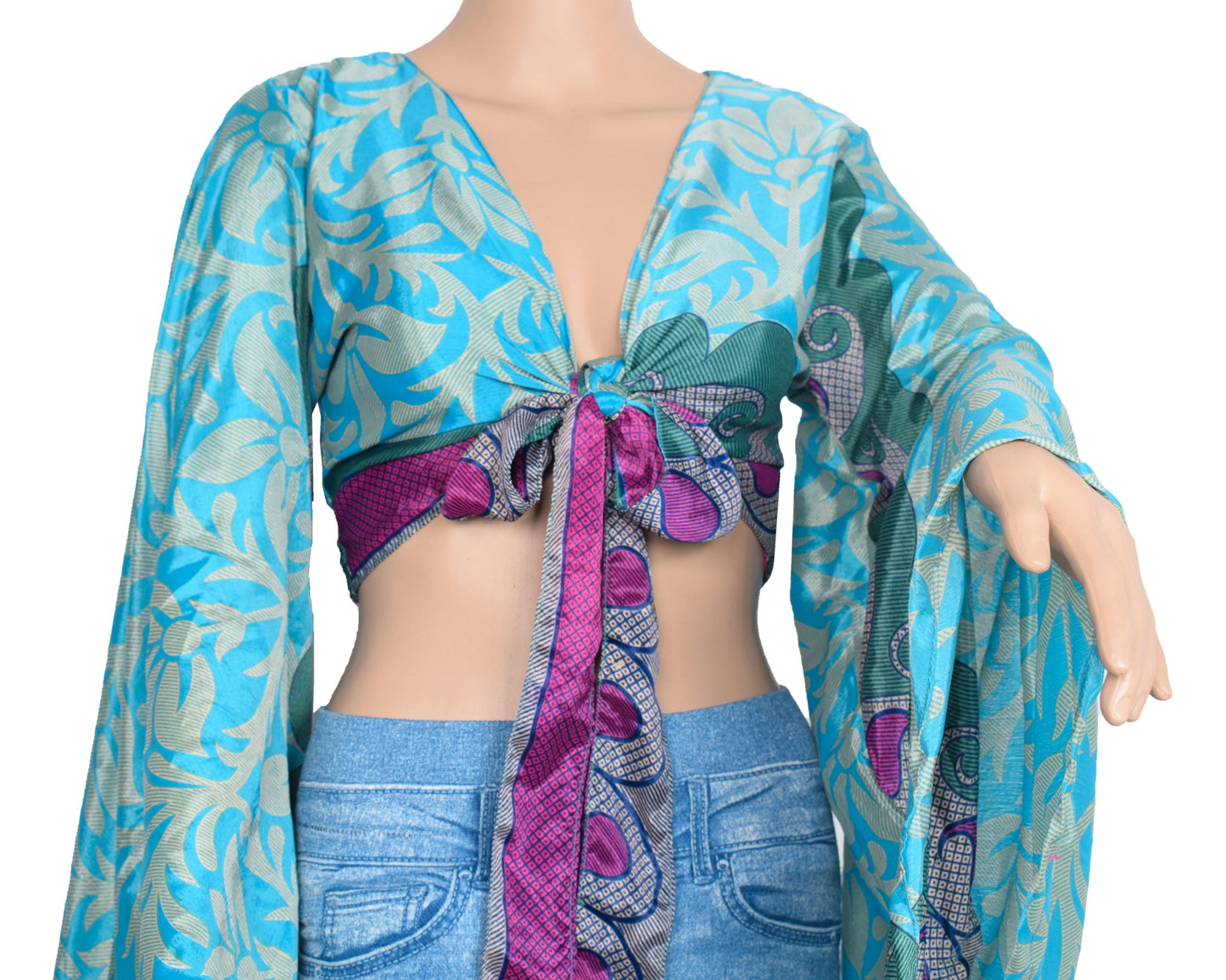 Sushila Vintage Bell Sleeve Top Bohemian NEW Recycled Silk Saree 70,s Retro Blue