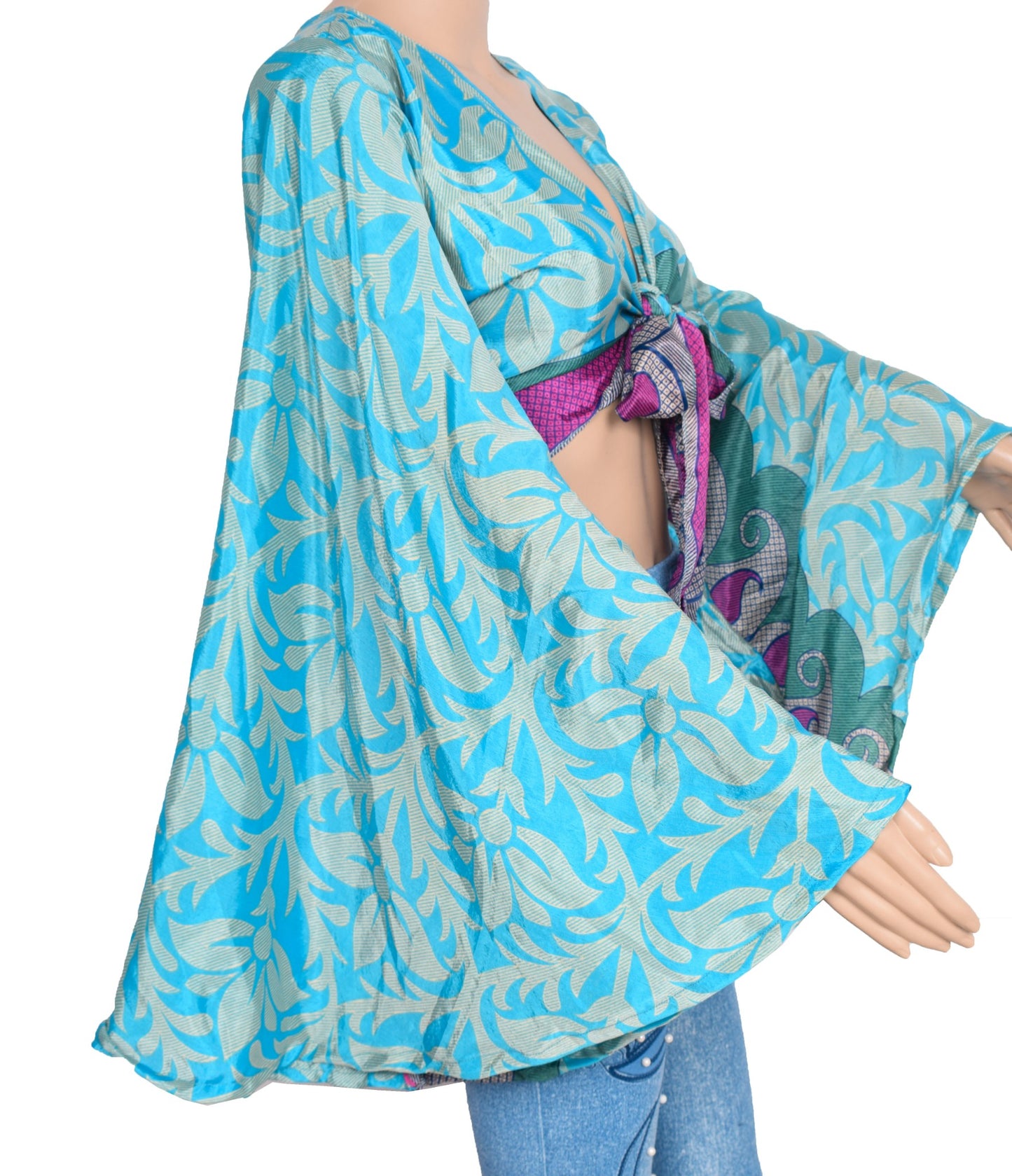 Sushila Vintage Bell Sleeve Top Bohemian NEW Recycled Silk Saree 70,s Retro Blue