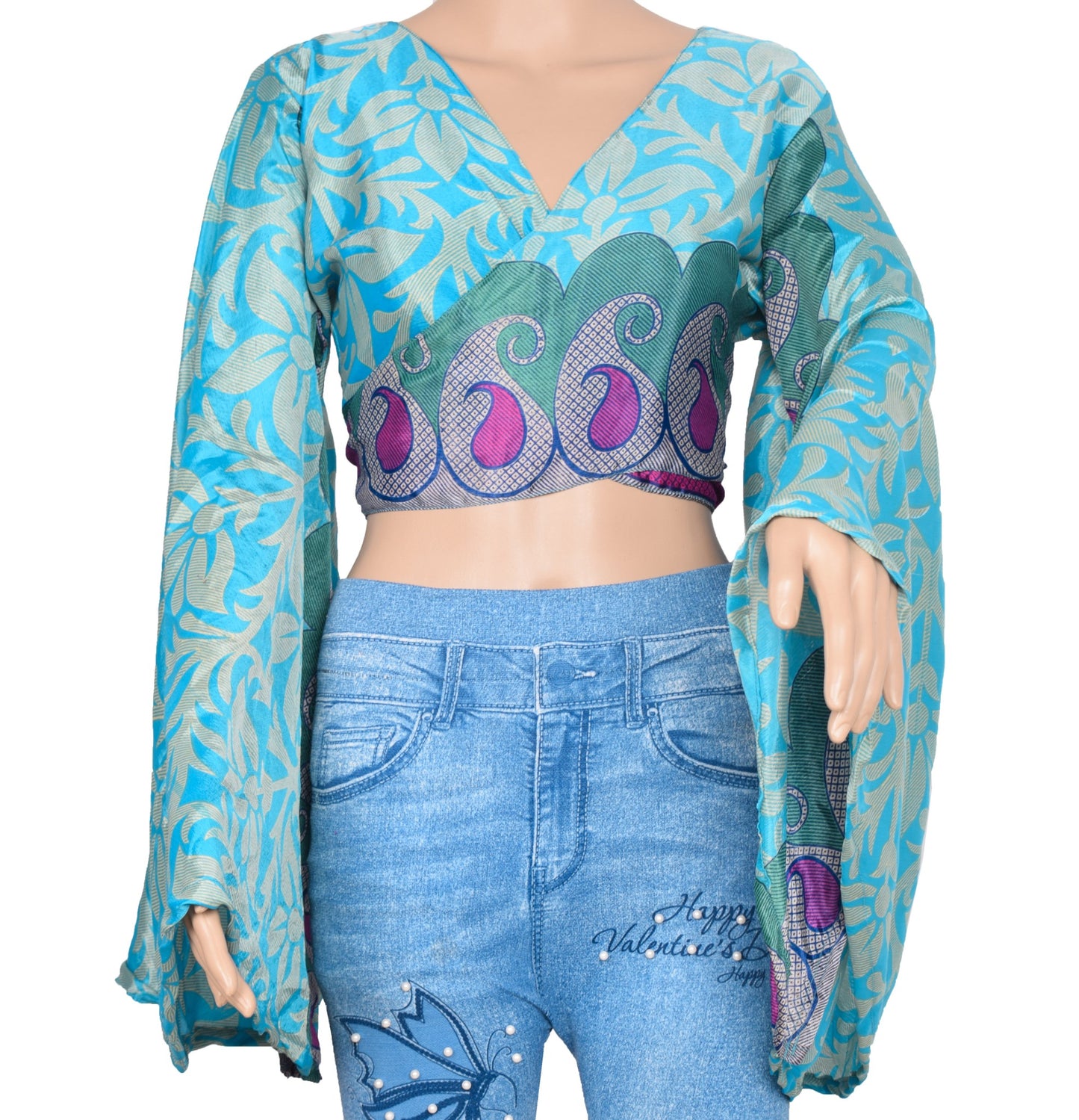 Sushila Vintage Bell Sleeve Top Bohemian NEW Recycled Silk Saree 70,s Retro Blue