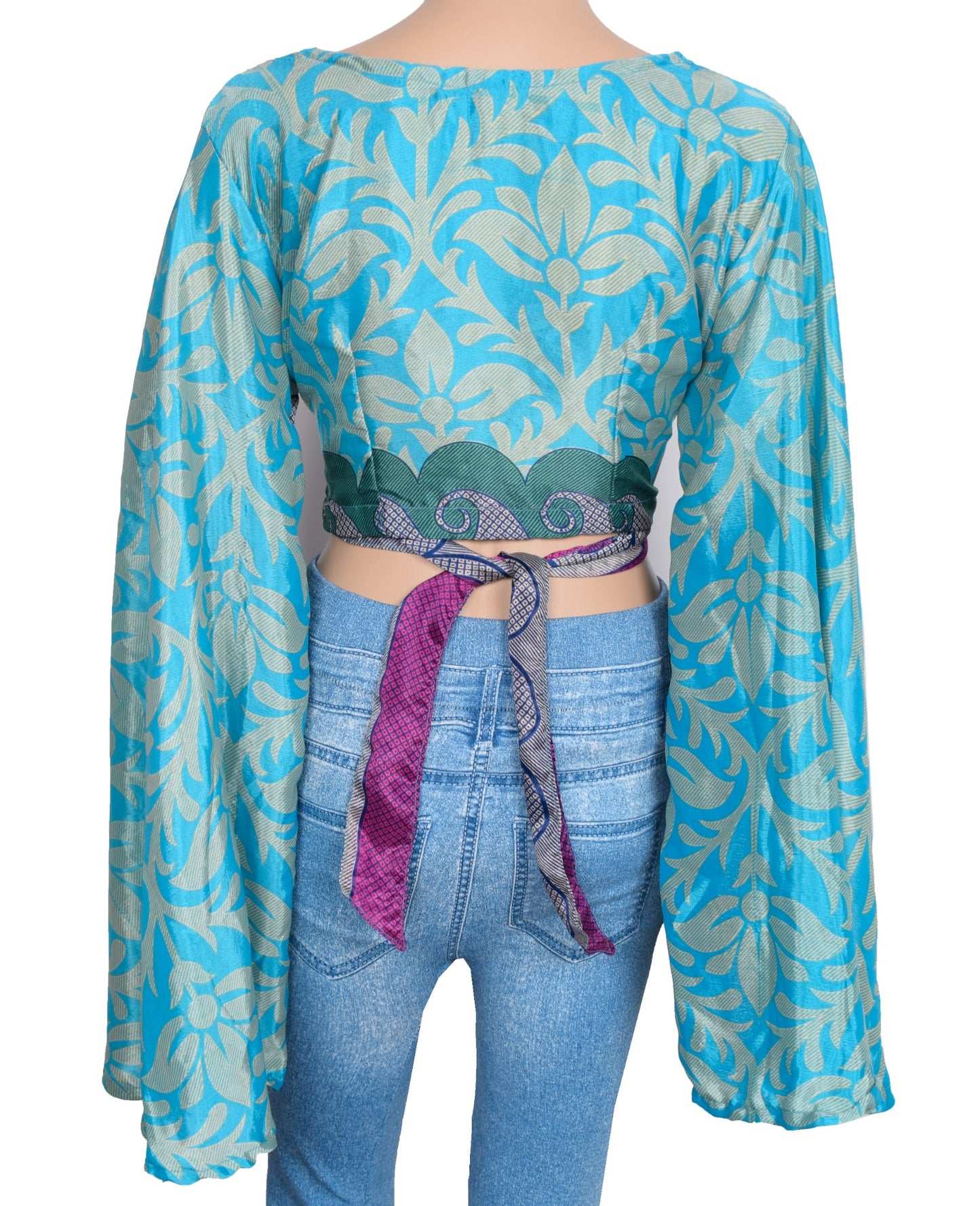 Sushila Vintage Bell Sleeve Top Bohemian NEW Recycled Silk Saree 70,s Retro Blue